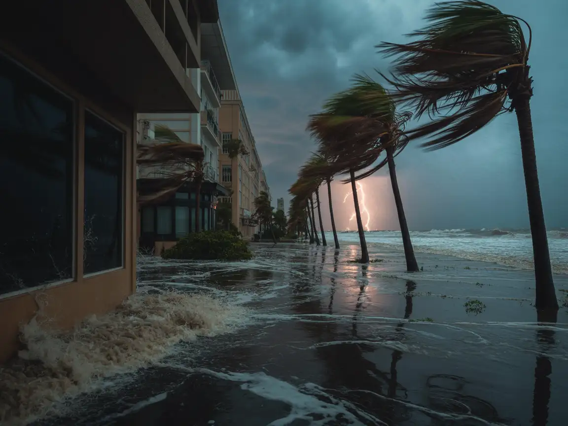 Coastal city during hurricane landfall, heavy rain, high storm surge, strong winds bending trees, cinematic lighting.