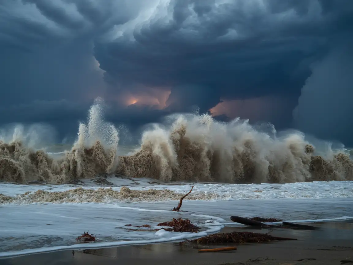 Hurricane seen from the beach, waves crashing violently, debris flying, dark storm clouds overhead.
