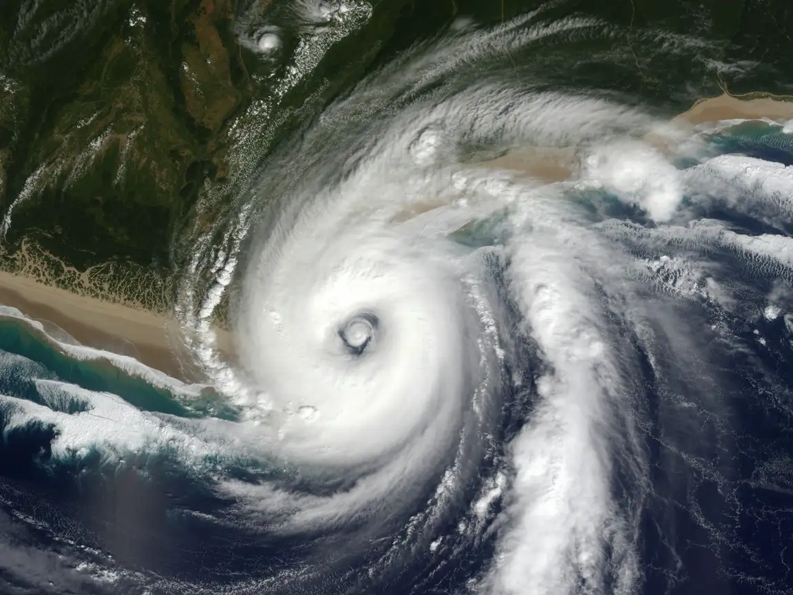 Satellite image style of hurricane approaching the coastline, cloud spirals and shadow details, photorealistic.