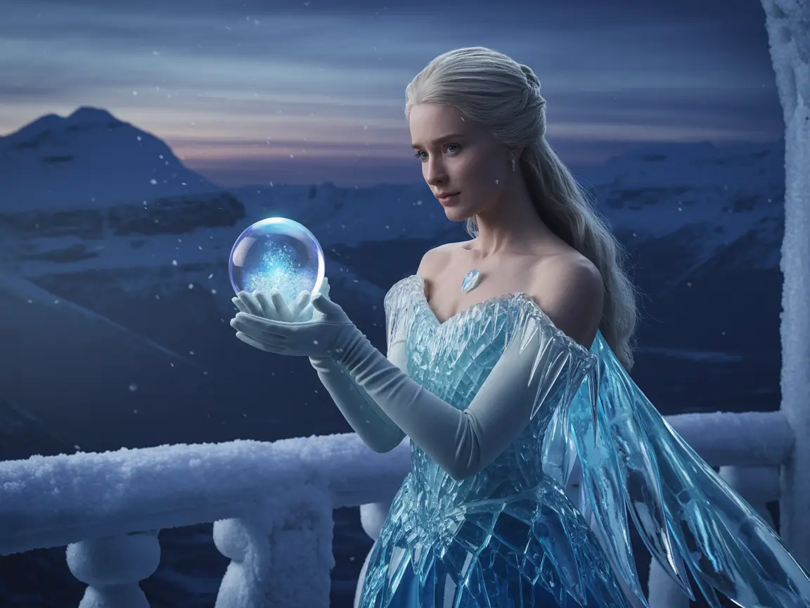 Ice princess on frozen balcony, holding crystal orb, snow falling naturally, realistic mountain background and lighting.