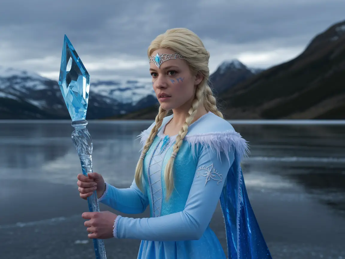 Ice princess holding a crystal staff, standing on a frozen lake, natural overcast light, detailed facial features, realistic clothing folds.
