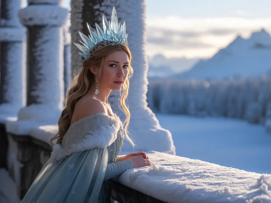 Ice Princess on a snow-covered balcony, delicate crown of ice crystals, natural winter sunlight, realistic hair textures.