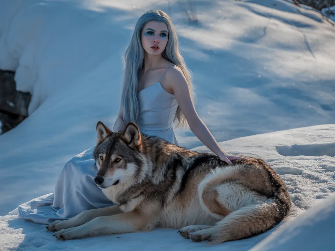 Ice girl sitting on snowy rock, wolf companion, realistic shadows and fur textures, natural winter light.