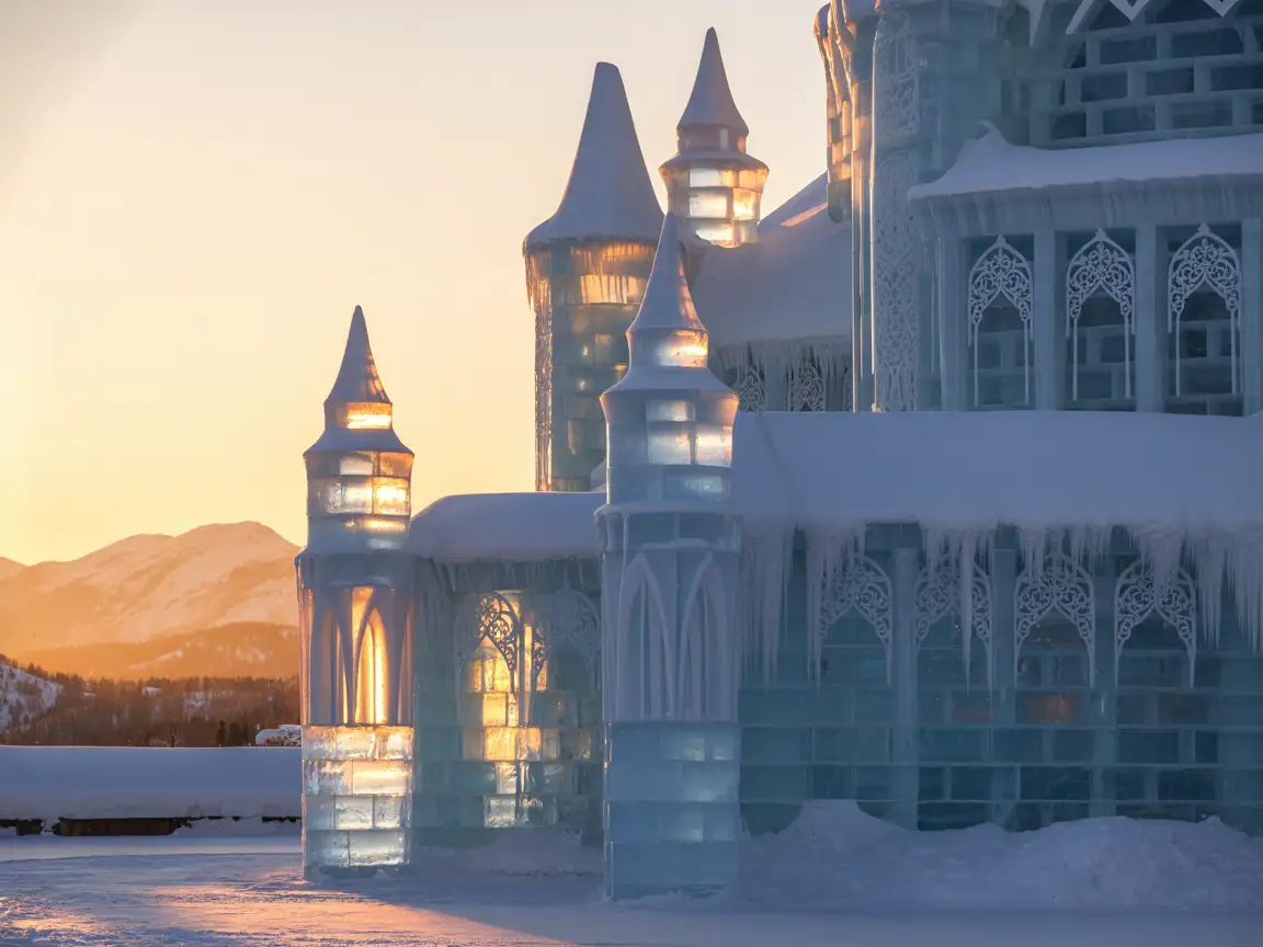 An elaborate ice castle with towering spires, carved windows, and icy filigree, glowing in warm sunset light.