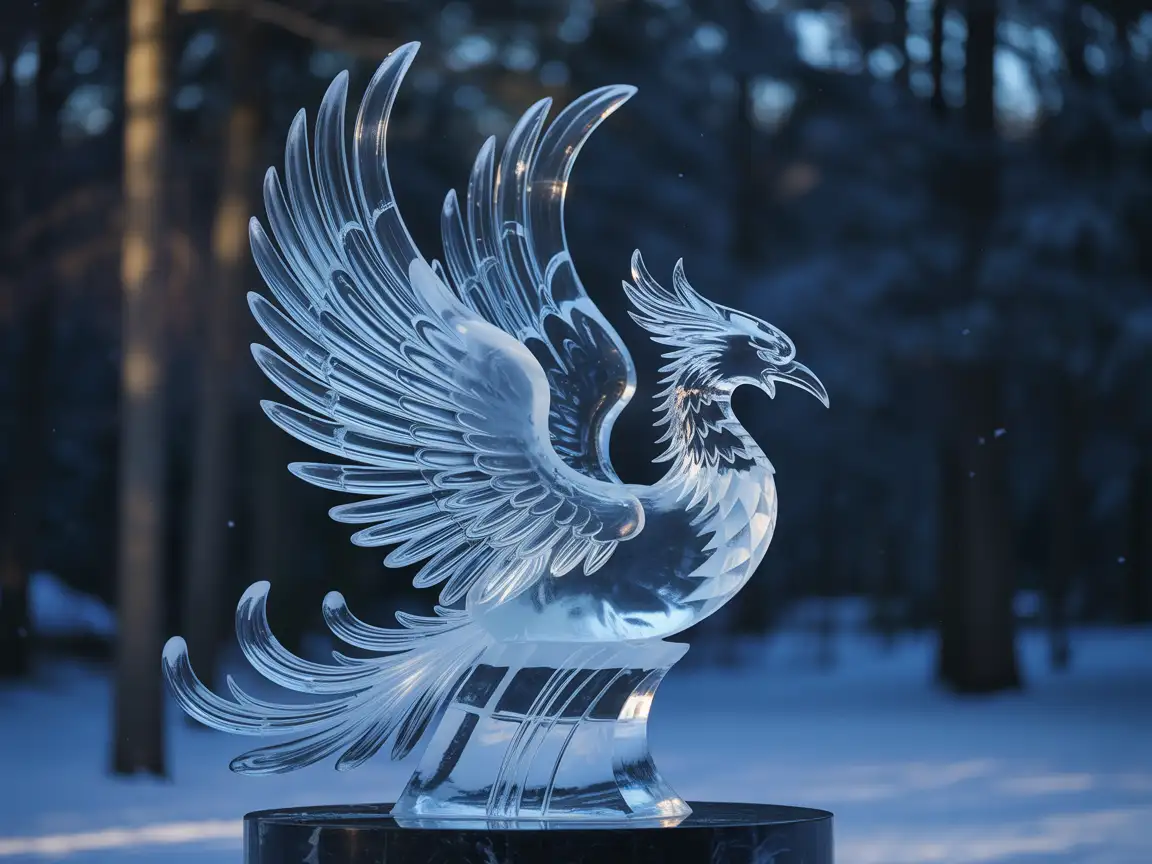 Ice sculpture of a phoenix, wings and feathers frozen mid-flap
