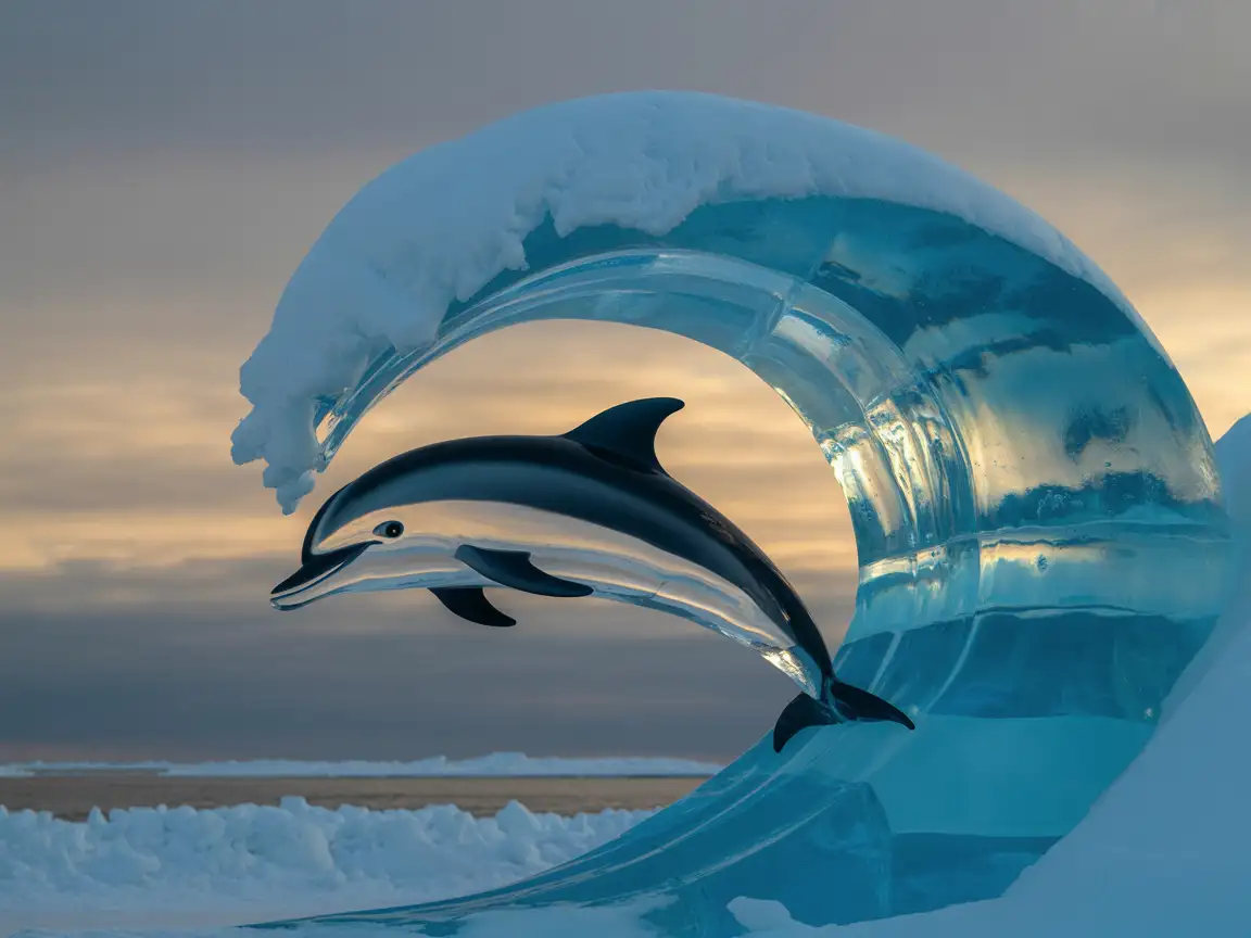 Ice sculpture of a frozen dolphin leaping from an icy wave