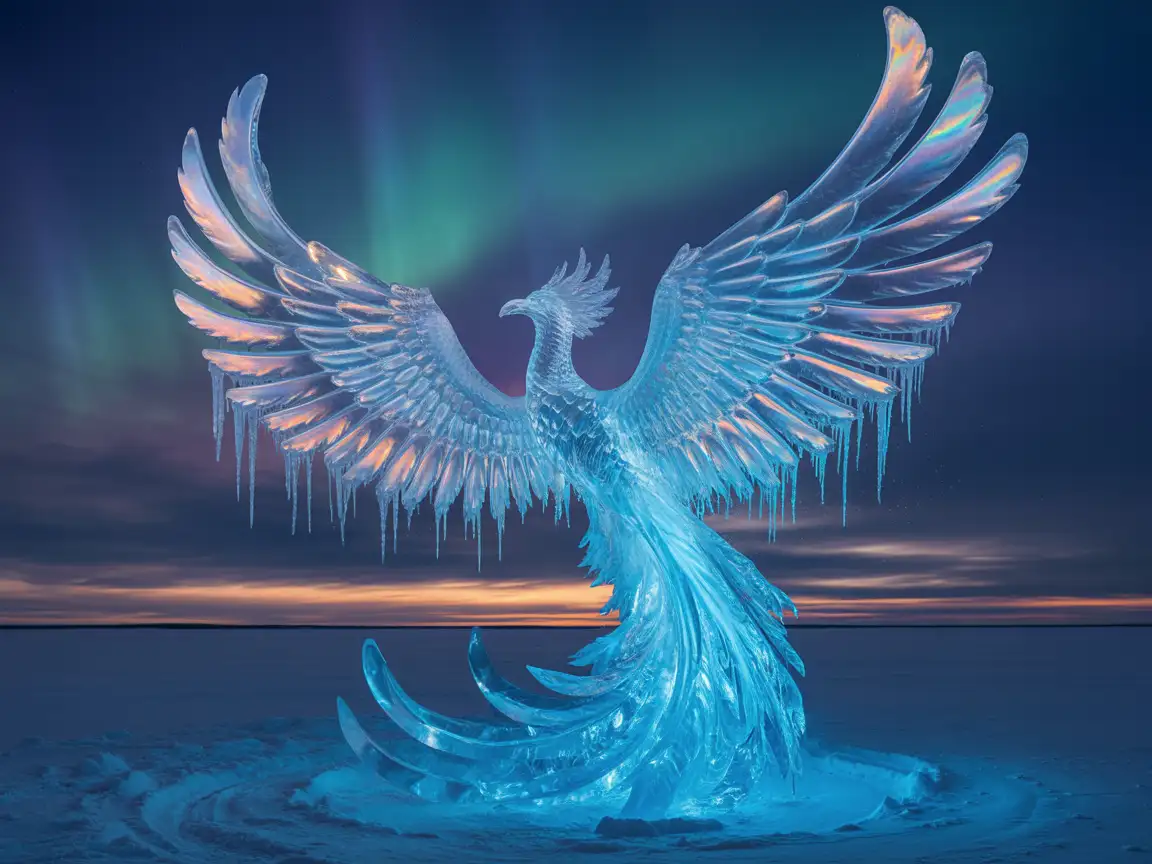 An ice phoenix rising from frozen flames, wings spread wide, with light refracting through icy feathers