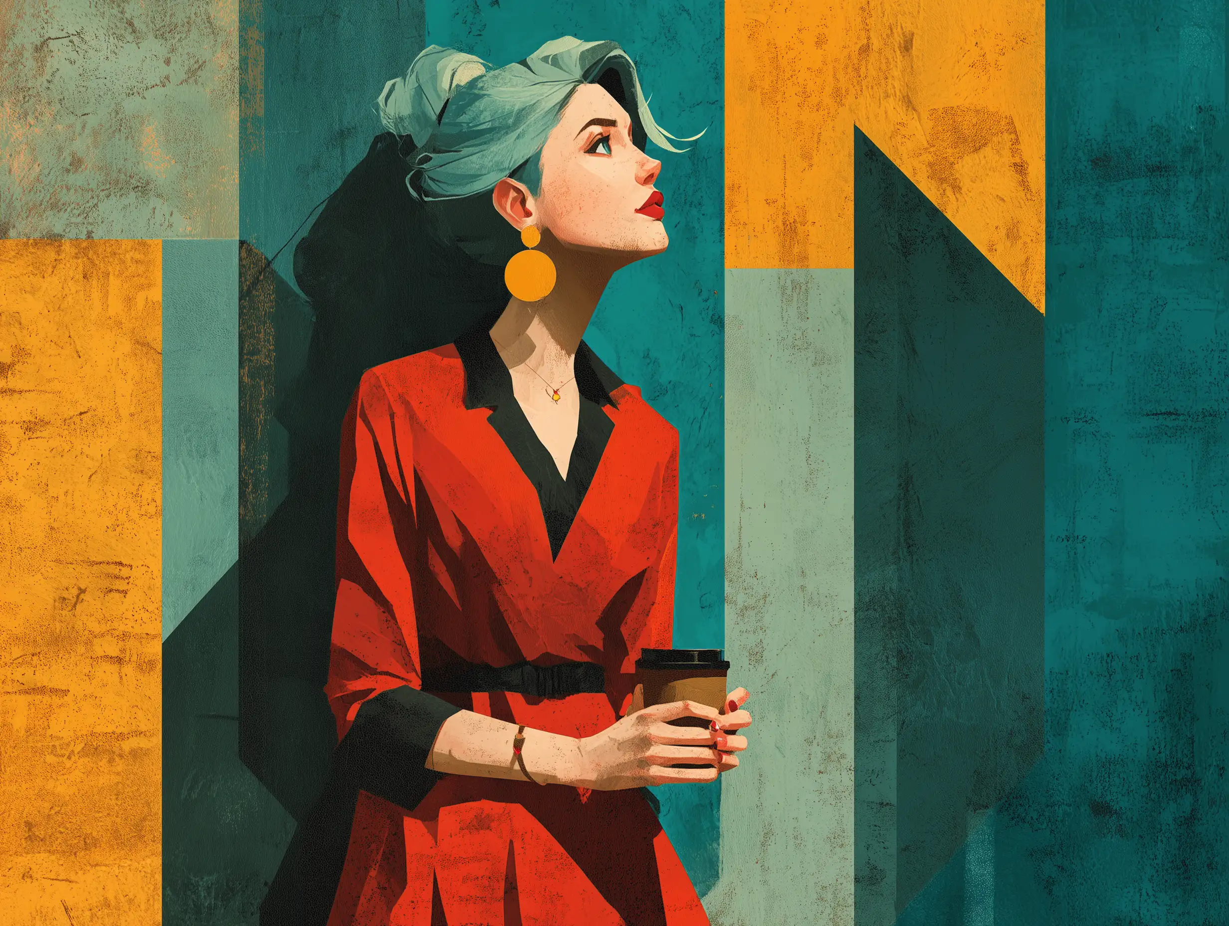 A contemporary editorial illustration of a stylish woman holding a coffee cup, bold shapes, textured shadows, muted color palette, magazine-style composition with expressive posture