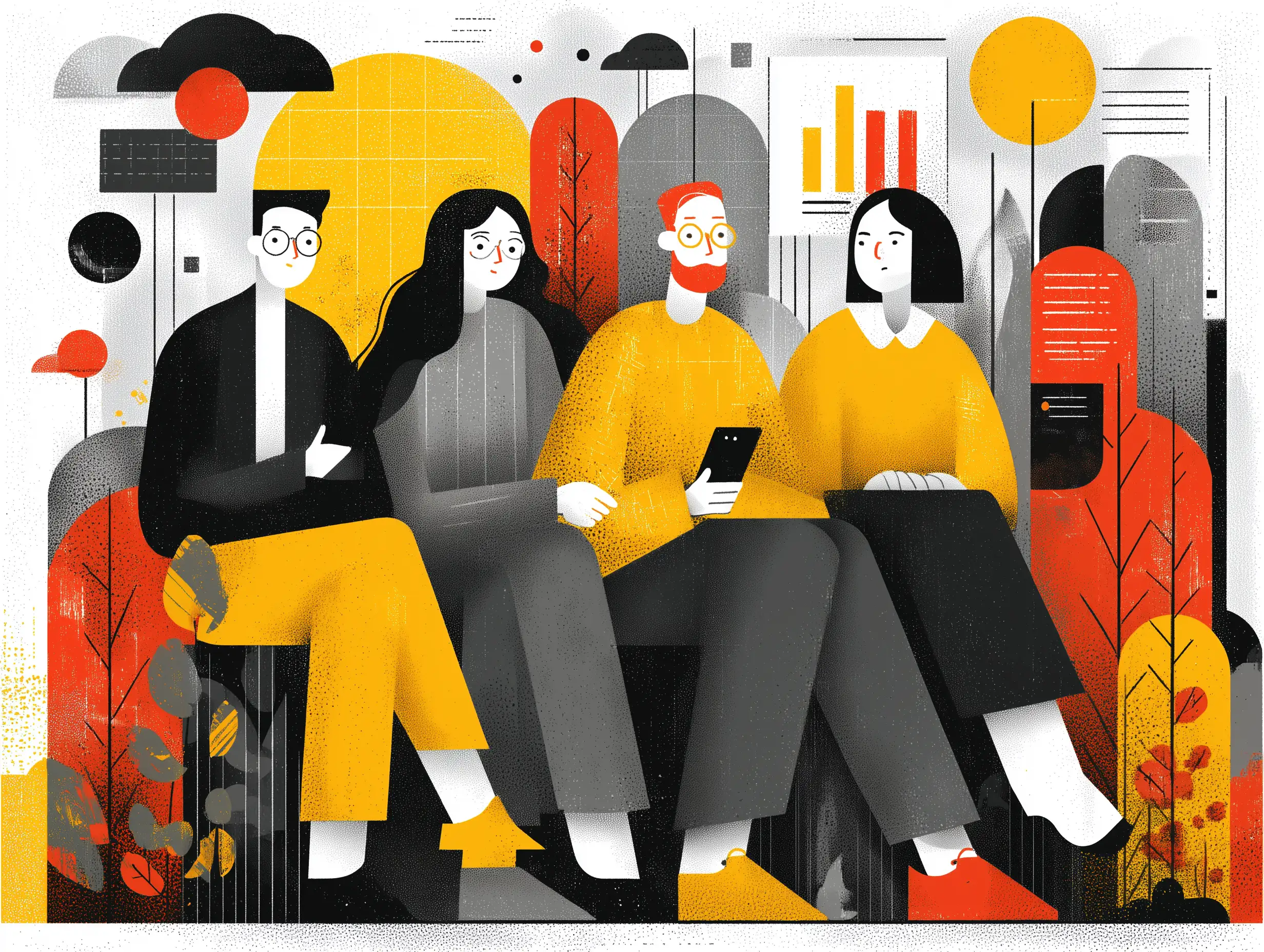 A modern vector-style business illustration featuring diverse professionals collaborating, floating charts and icons, clean flat design, bold colors, startup-brand aesthetic 