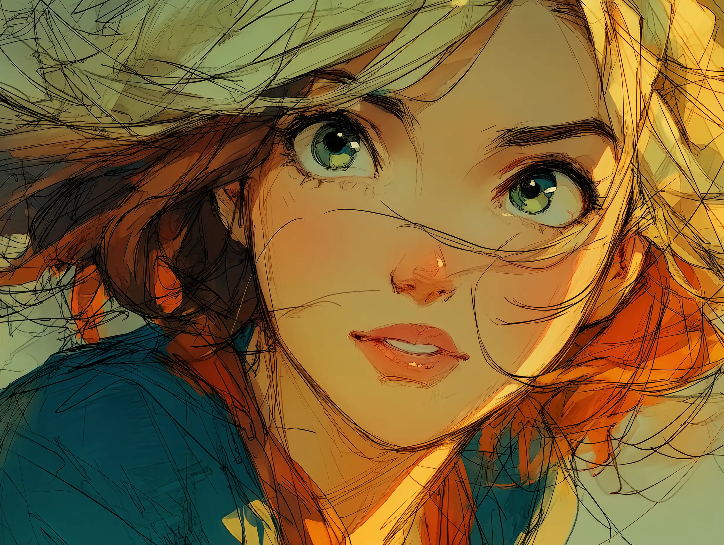 A bright anime-style portrait of a girl with wind-blown hair, crisp linework, expressive eyes, soft cel-shading, gentle backlight, story-driven emotional tone