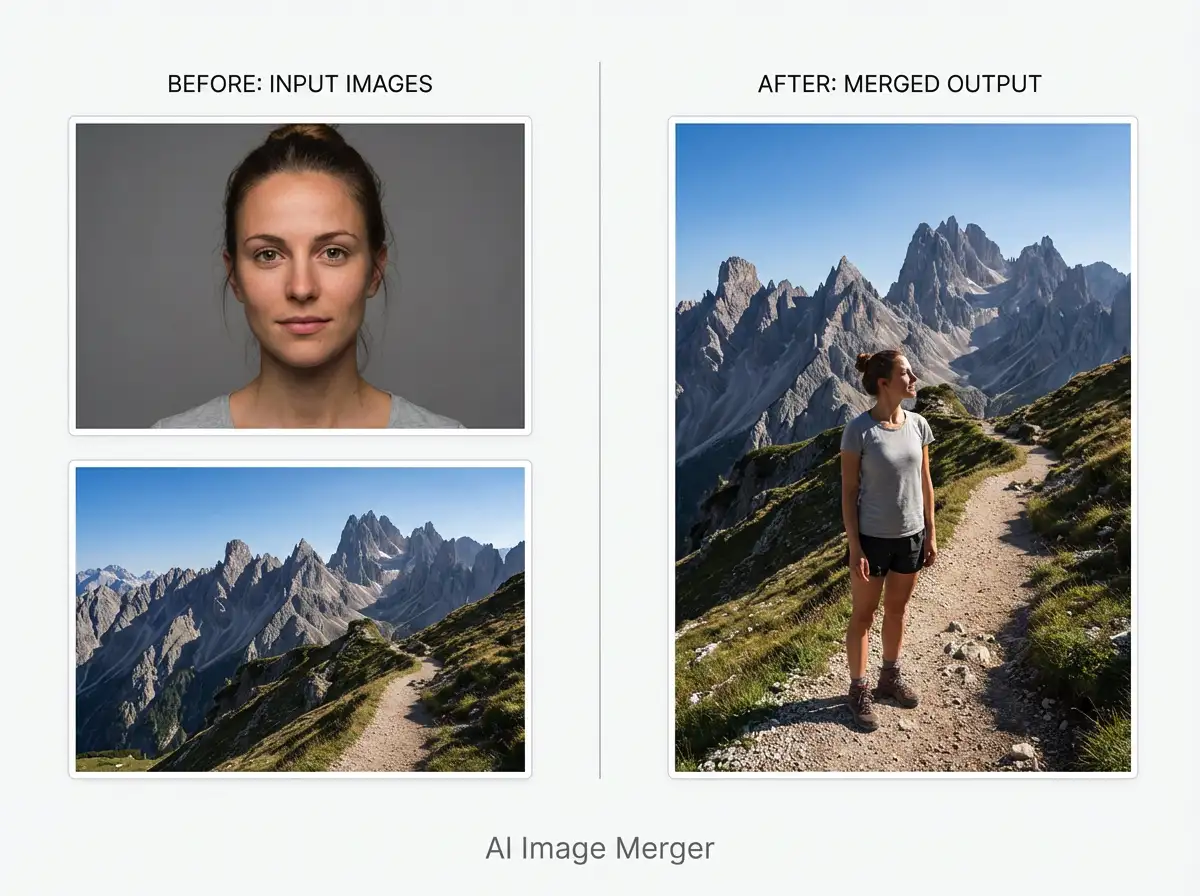 This AI image merger combines portraits and backgrounds into one natural image.