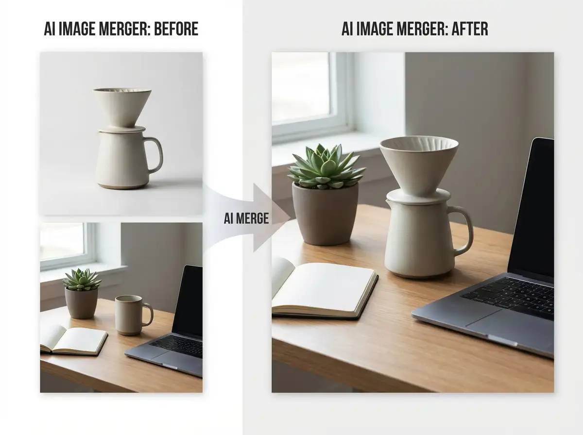 This AI image merger blends product photos seamlessly into real scenes.
