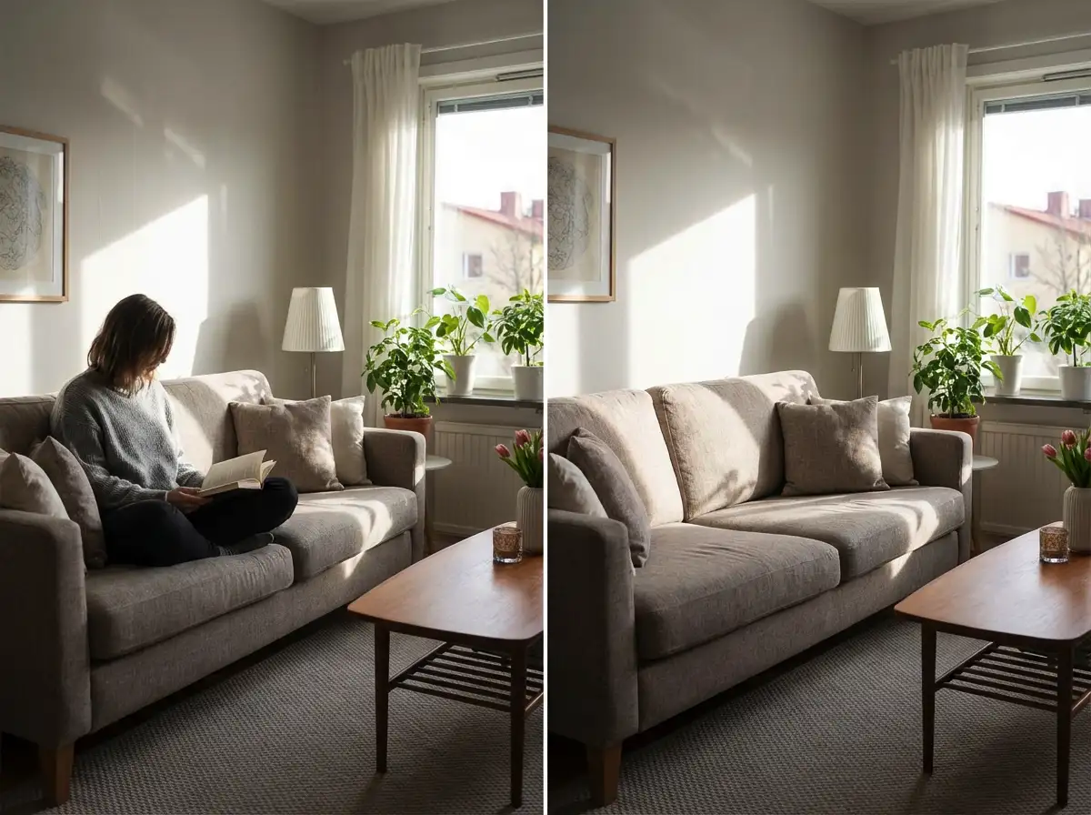 Effortlessly remove people from indoor photos without affecting the room.