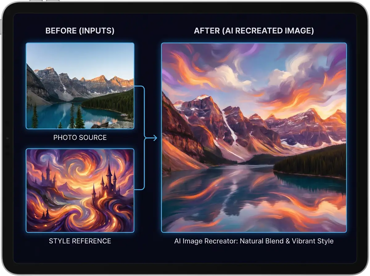 AI Image Recreator recreates landscapes with artistic or imaginative styles.