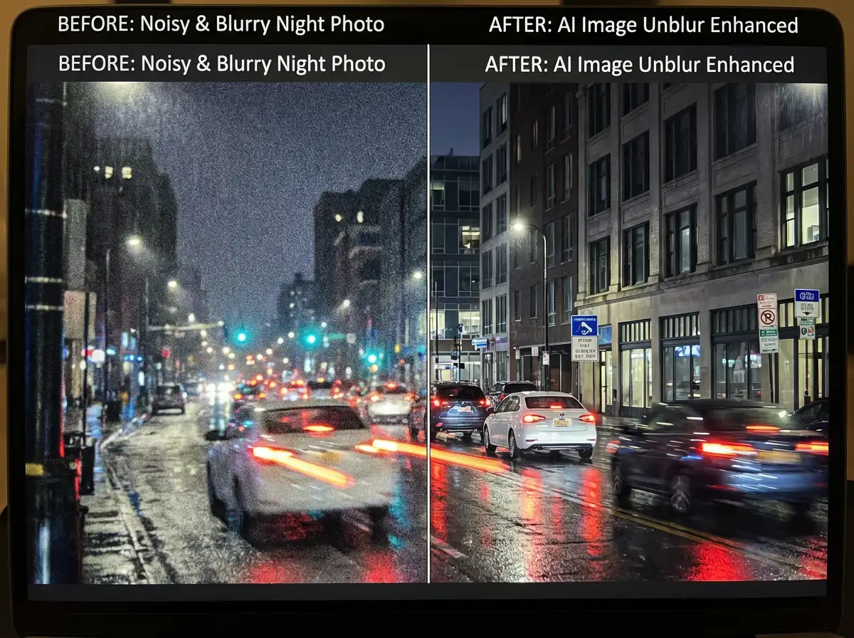 AI Image Unblur makes night cityscapes clear and vibrant instantly.