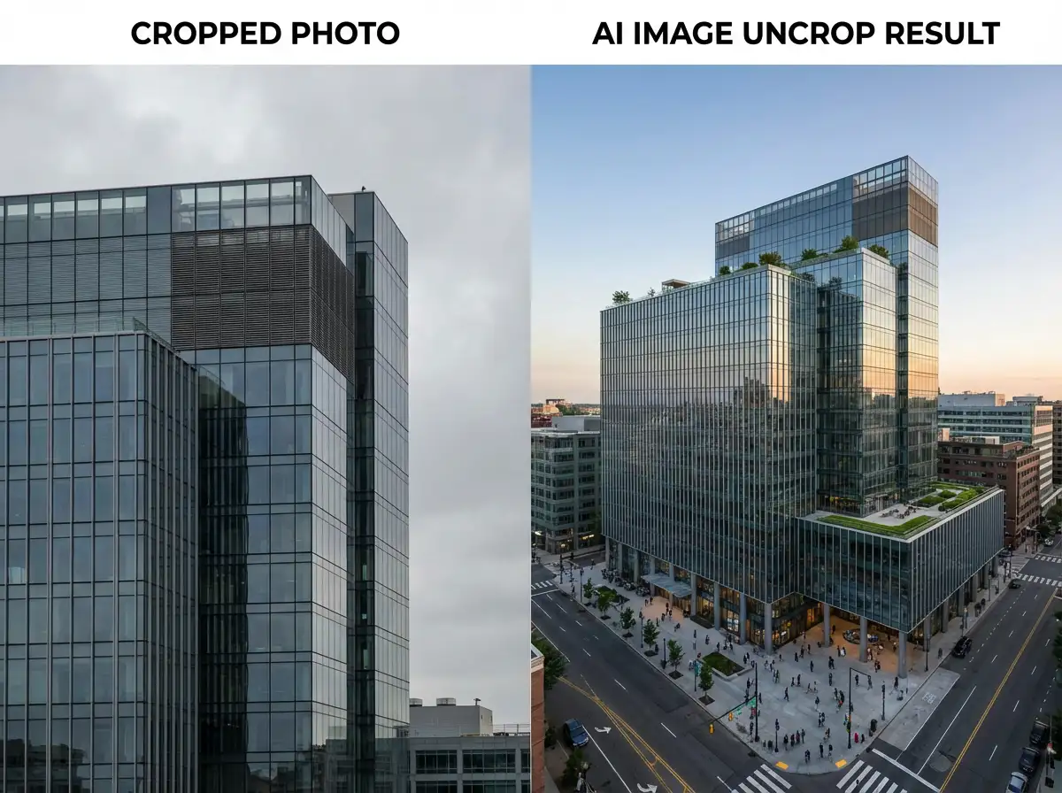 Restore cropped architecture photos by expanding surrounding structures.