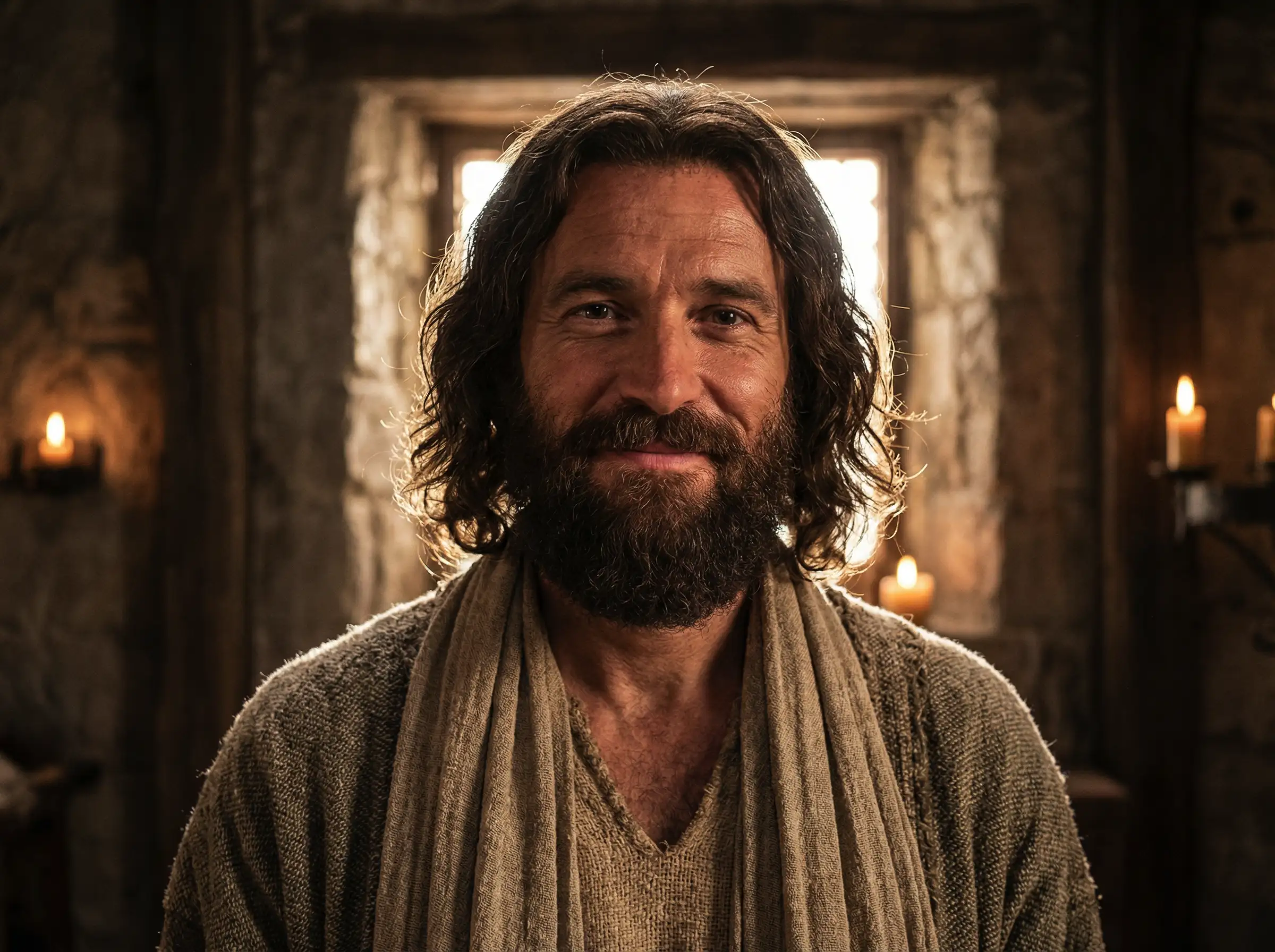 耶稣基督的逼真肖像，温柔而慈祥的表情，飘逸的棕色头发，自然胡须，温暖柔和的照明，高细节的面部特征，电影般的真实感，神圣氛围