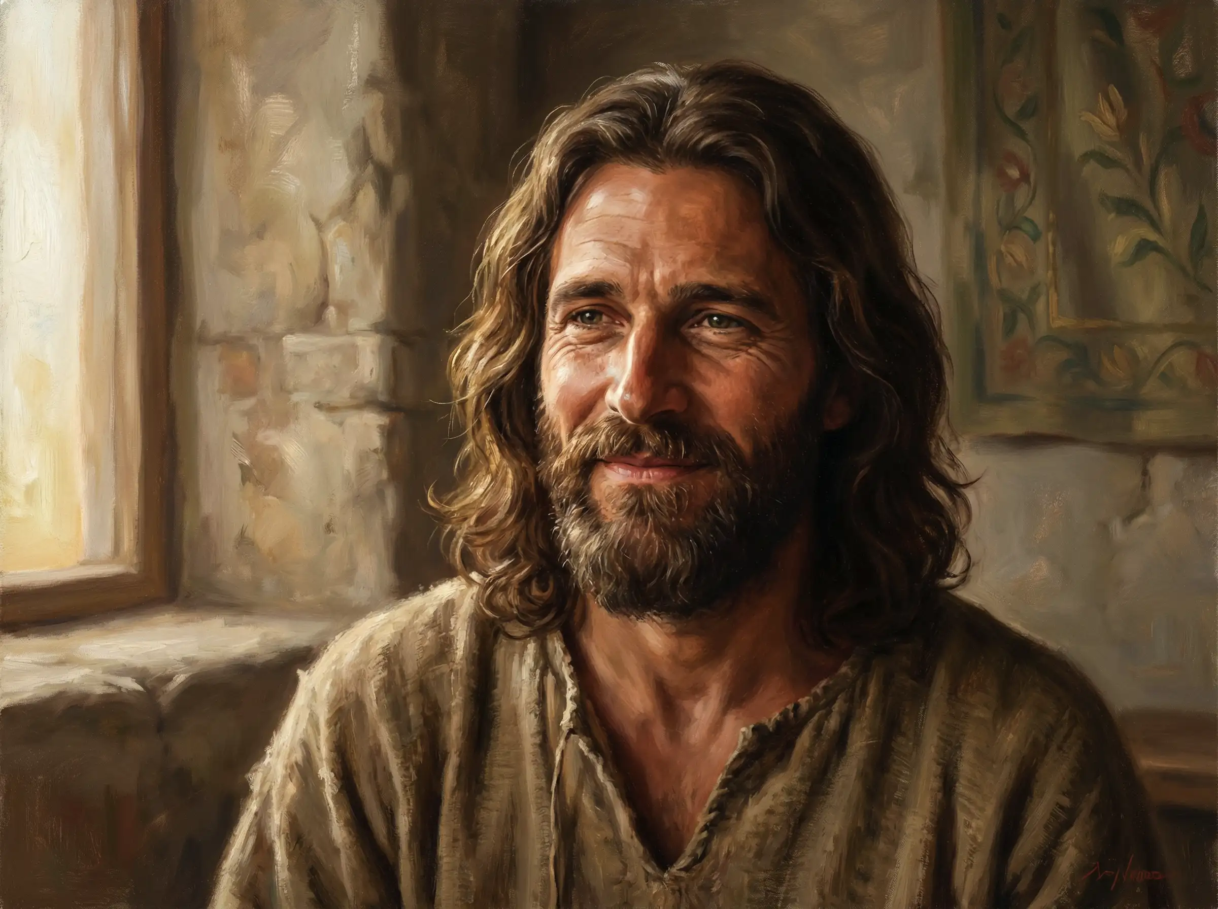 逼真耶稣肖像，详细的面部特征，自然照明，神圣氛围，富有表现力和慈祥的目光