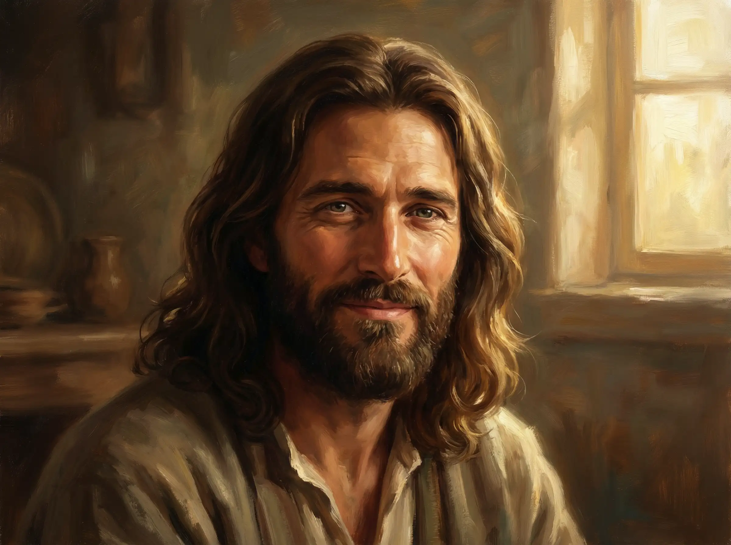 古典油画风格耶稣肖像，文艺复兴风格，戏剧性的明暗对比照明，生动的笔触，深沉温暖的色彩，神圣的艺术美学