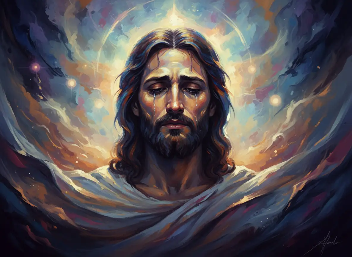 超逼真耶稣肖像，详细的皮肤纹理，富有表现力的眼睛，柔和阳光照亮他的脸庞，圣经服饰，平静祥和的情绪，超高分辨率