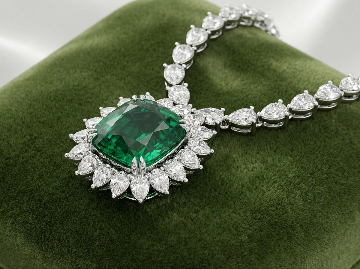 Hyper-realistic 3D render of a luxury emerald pendant necklace, surrounded by pear-shaped diamonds, set in 18k white gold, soft velvet background, elegant studio lighting, macro photography, 8k.