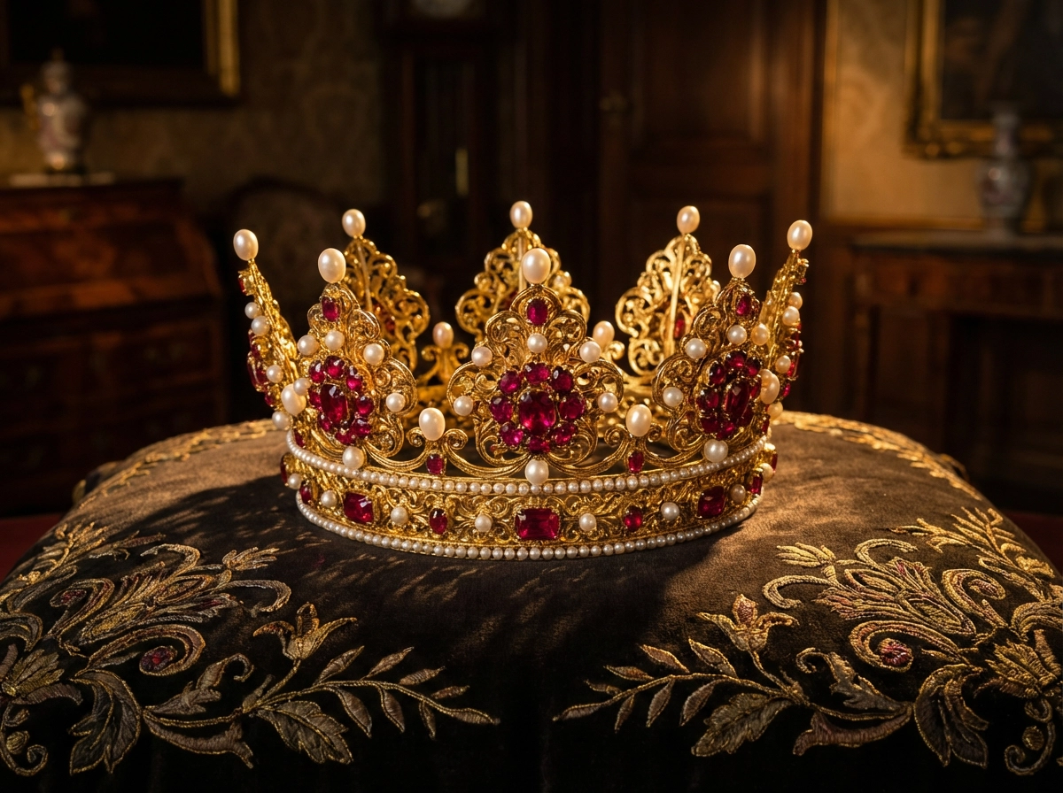 Royal crown design with rubies and pearls, intricate gold filigree, cinematic lighting on a dark silk cushion, majestic and opulent atmosphere, hyper-detailed textures.
