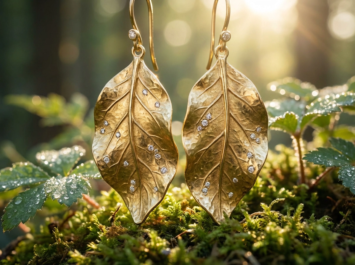 Nature-inspired earrings shaped like golden leaves, dewdrops made of tiny diamonds, soft natural morning light, organic curves, high-resolution macro shot.