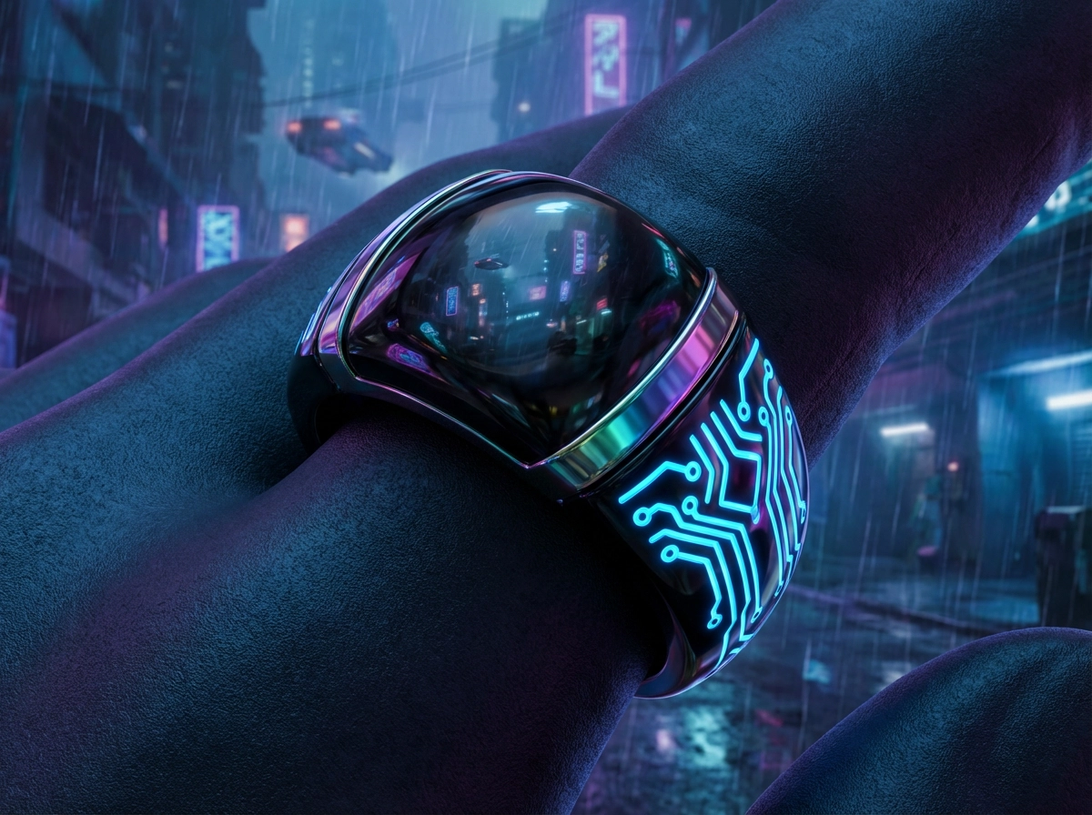Cyberpunk futuristic ring, glowing neon blue circuitry embedded in black obsidian, iridescent metallic sheen, rainy city reflection in the stone, sci-fi luxury style.