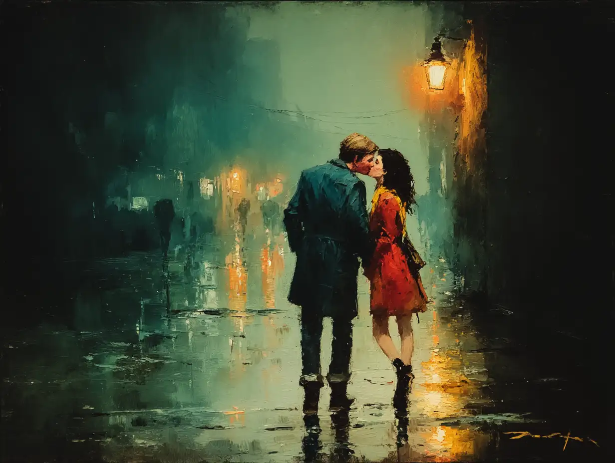 Two lovers kissing gently under city rain, illuminated by a single streetlight, soft reflections on wet pavement, cinematic realism