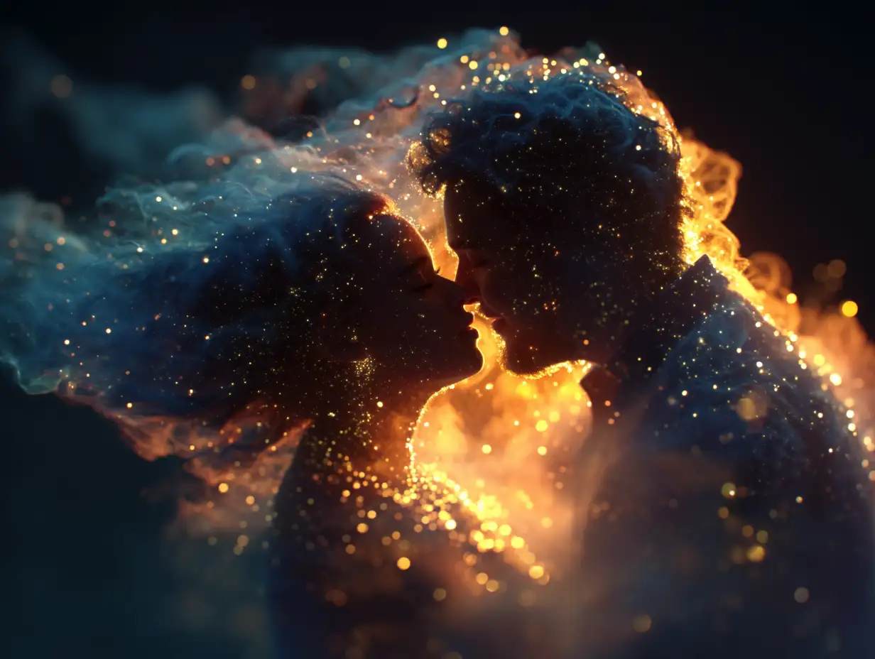 A couple floating in space, formed from starlight and cosmic dust, their silhouettes glowing as galaxies swirl around them