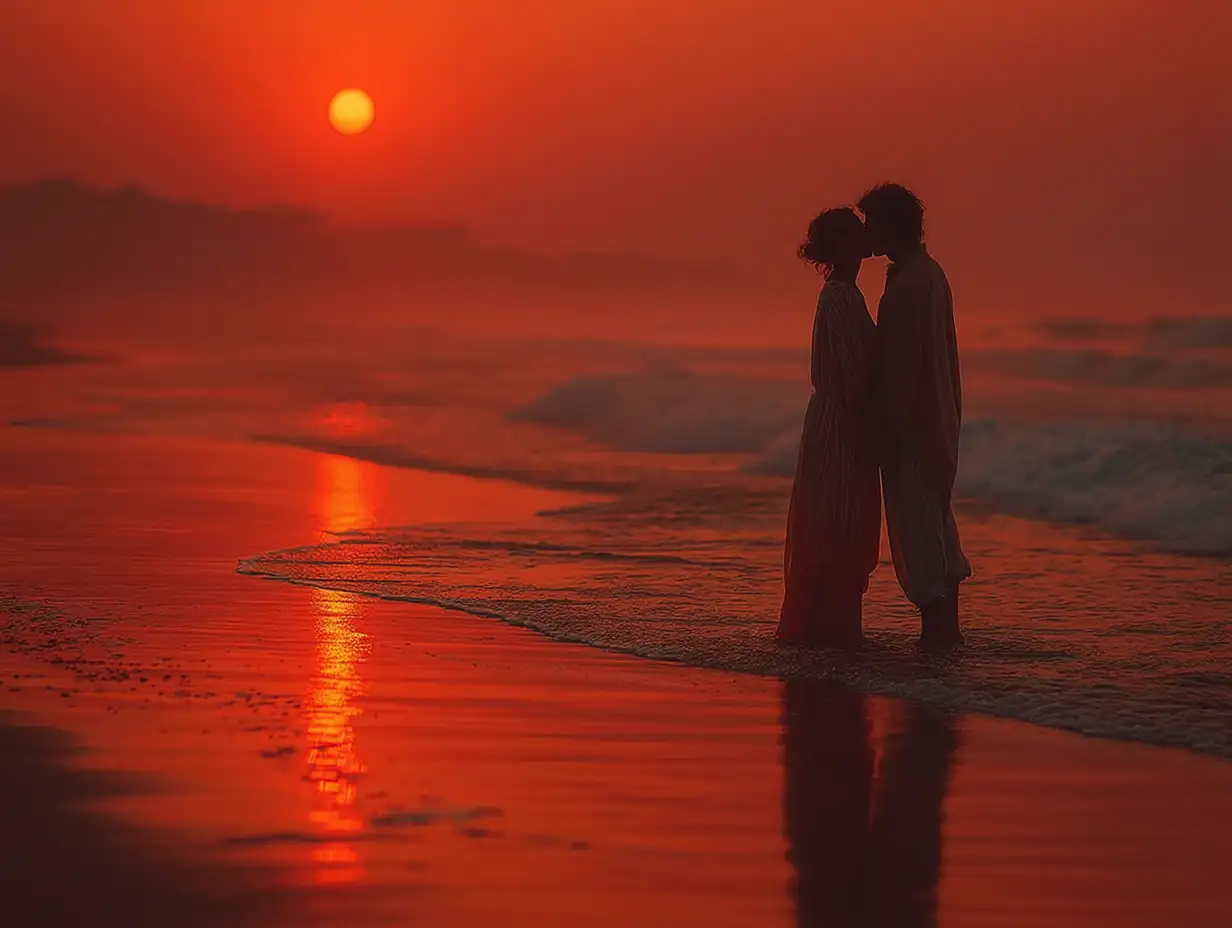 Silhouette of a couple kissing at sunset on the beach, warm orange light reflecting on calm waves, romantic composition