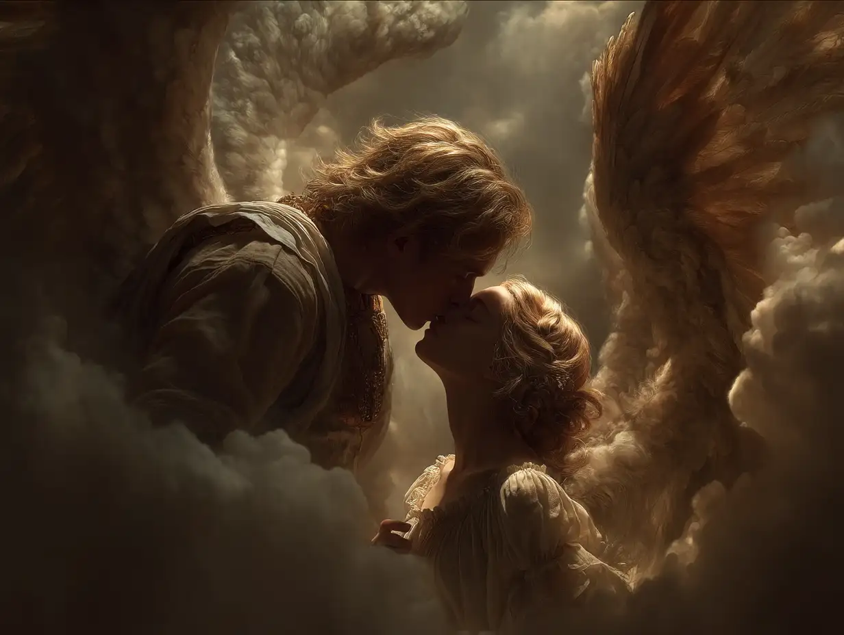 An angel gently kissing a human’s forehead, glowing wings spread in golden light, ethereal clouds behind, divine tone