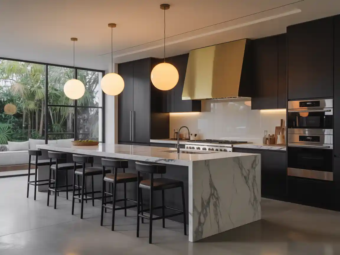 A sleek, modern AI Kitchen interior featuring dark matte cabinets, a massive white marble waterfall island, glowing pendant lights, and high-end stainless steel appliances.