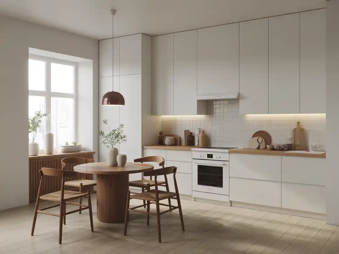 A bright, Scandinavian minimalist AI Kitchen with pure white cabinetry, light oak wood floors, and a simple elegant dining nook, soft natural lighting.
