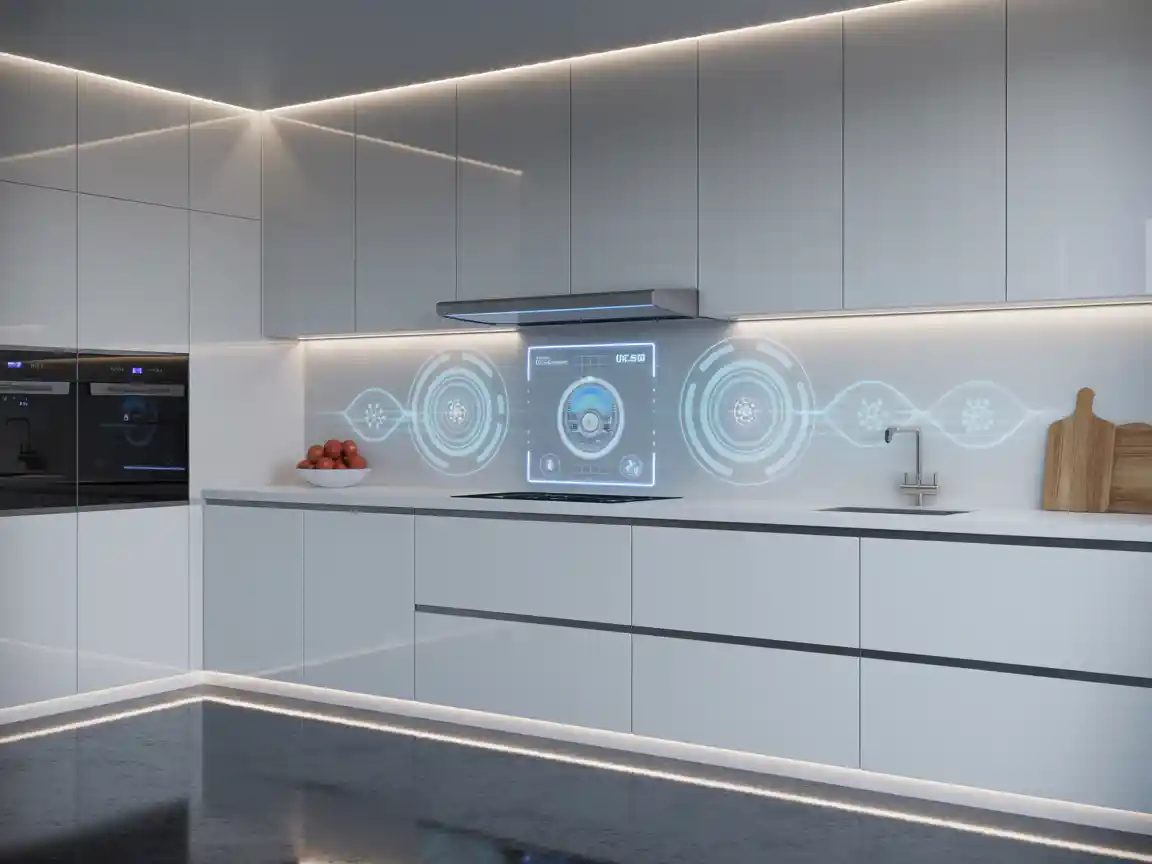 A luxurious traditional AI Kitchen featuring ornate dark wood cabinetry, a custom stone range hood, and gold brass hardware, highly photorealistic.