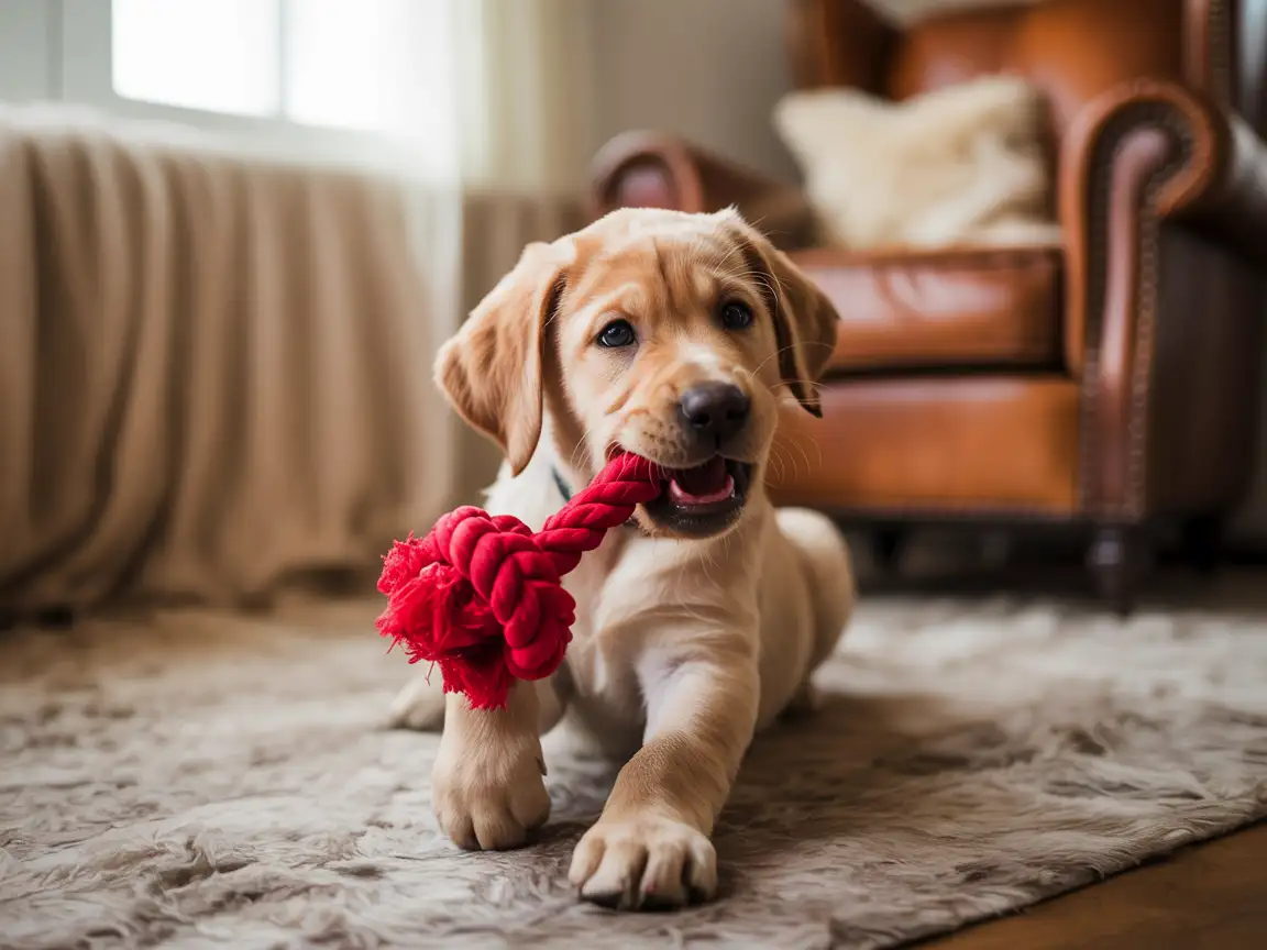 Puppy Labrador chewing a toy indoors, cozy living room background, natural light through windows