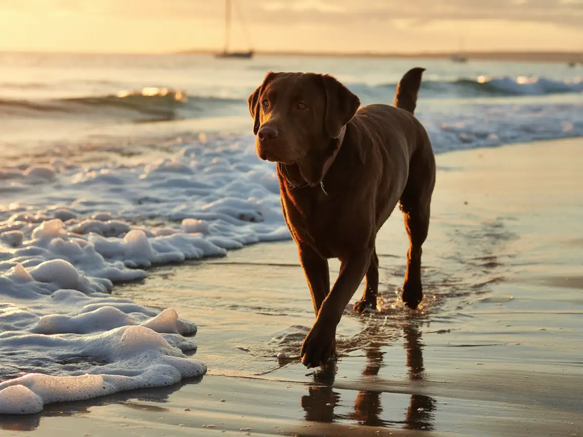 Labrador walking along a sandy beach, waves touching paws, golden hour lighting, realistic water reflections