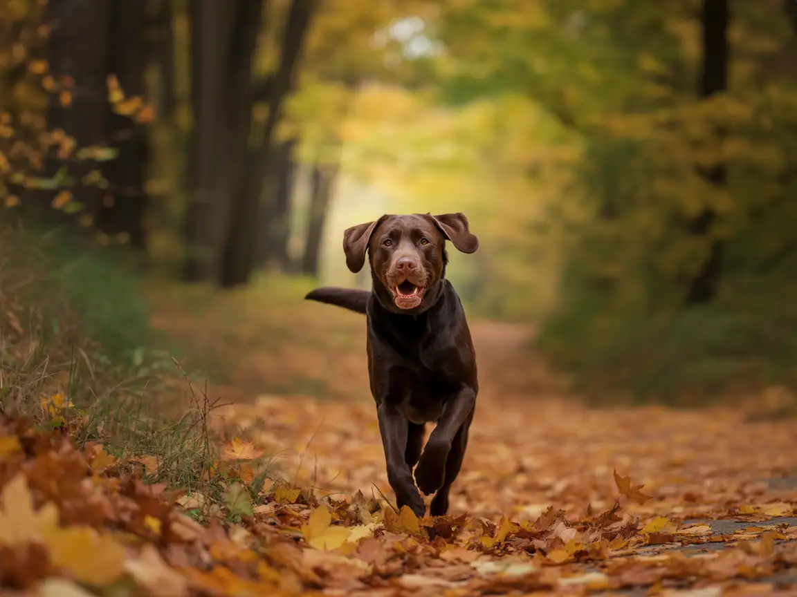 Adult Labrador running in autumn forest, leaves falling, sunlight filtering through trees, lifelike textures