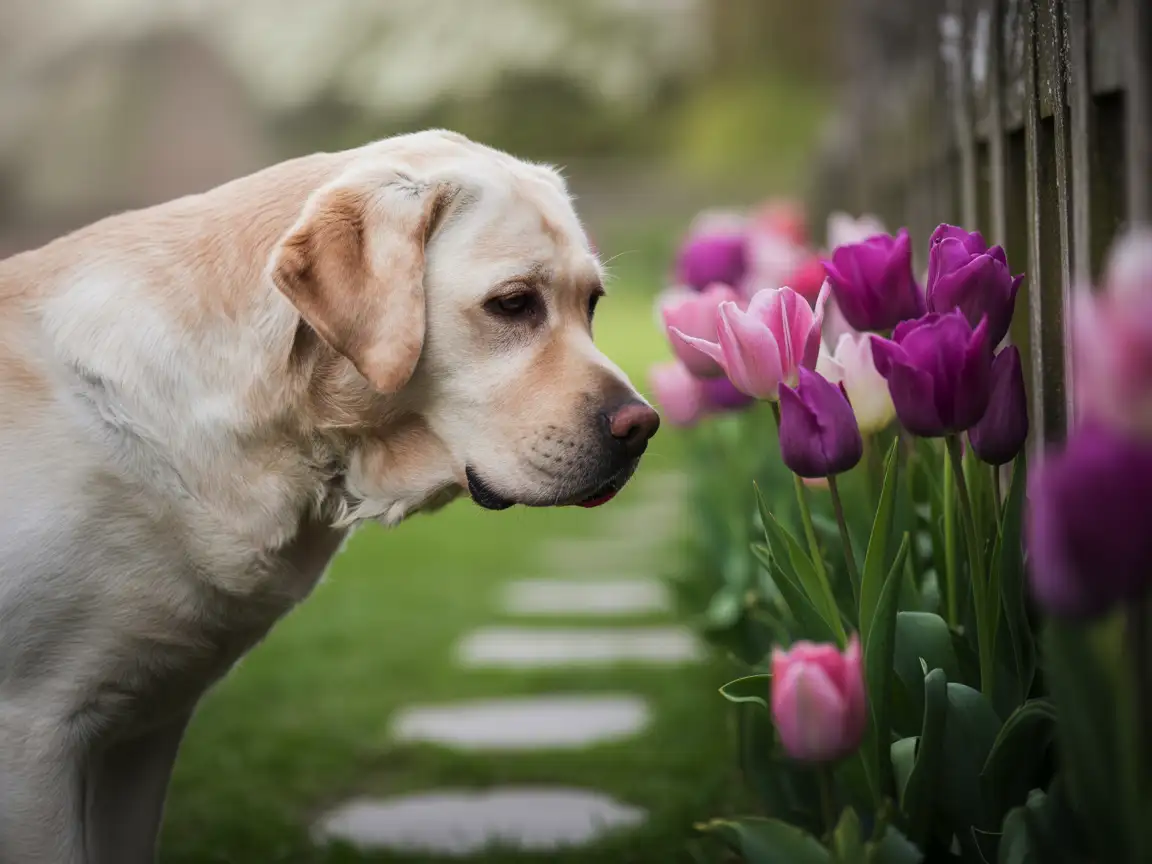 Adult yellow Labrador sniffing flowers in spring garden, bright daylight, detailed fur and environment