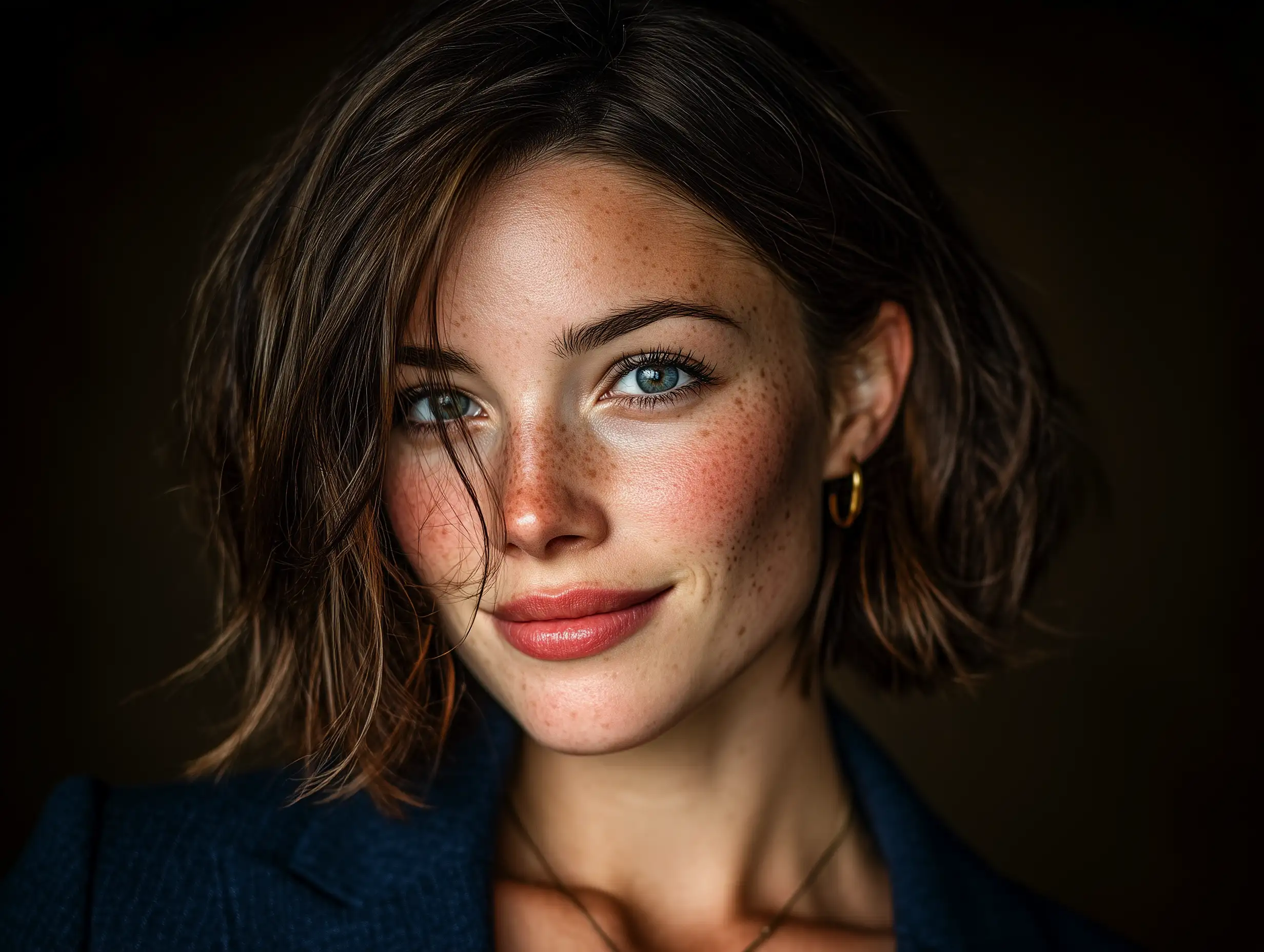 A premium studio headshot featuring an executive in navy suit, controlled three-point lighting, subtle shadow gradients, minimal background, high-resolution facial clarity, polished corporate branding style
