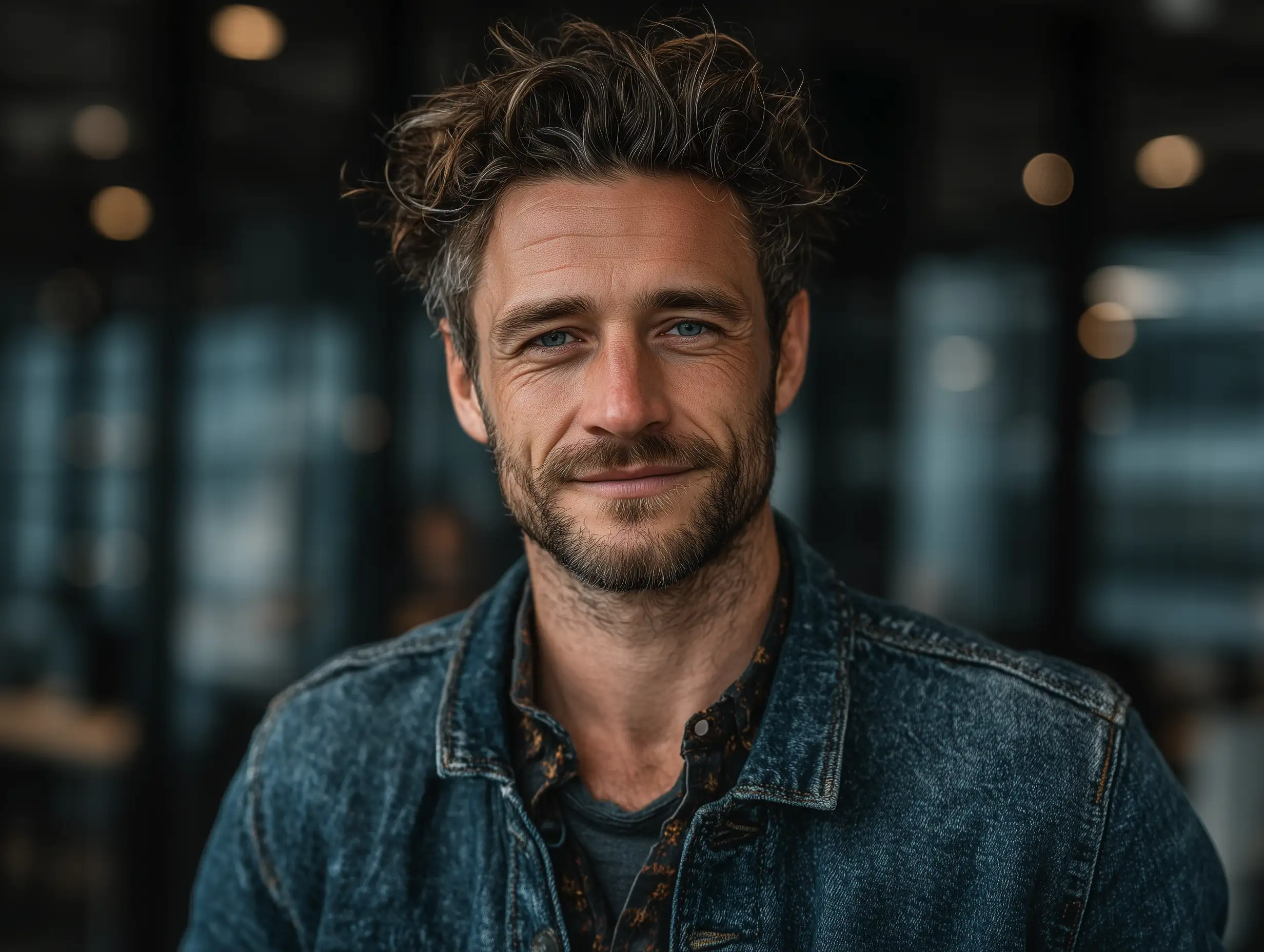 A friendly startup founder portrait in business-casual clothing, warm natural-light window glow, slightly blurred modern office background, clean skin tones, relaxed confident smile