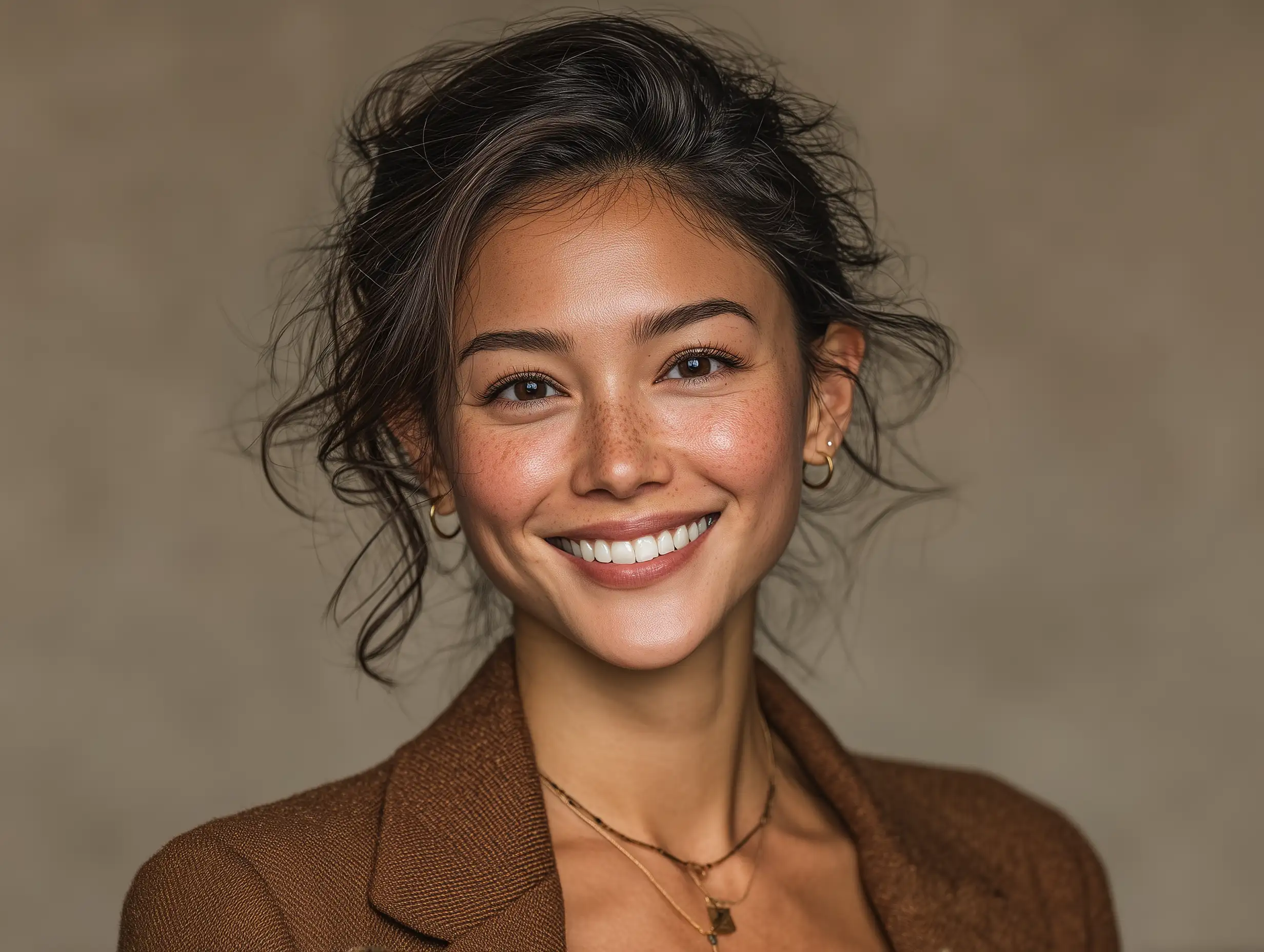A neutral, HR-friendly professional headshot with soft even lighting, light beige background, natural smile, clean textures, minimal retouching, realistic corporate look 