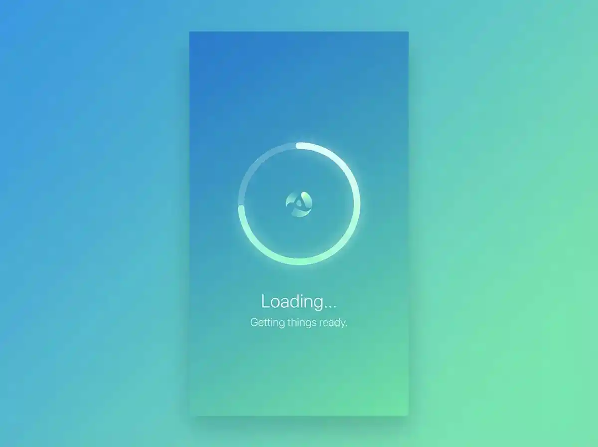 A modern mobile app loading screen with clean UI, smooth gradient background, circular progress animation, minimalist style.
