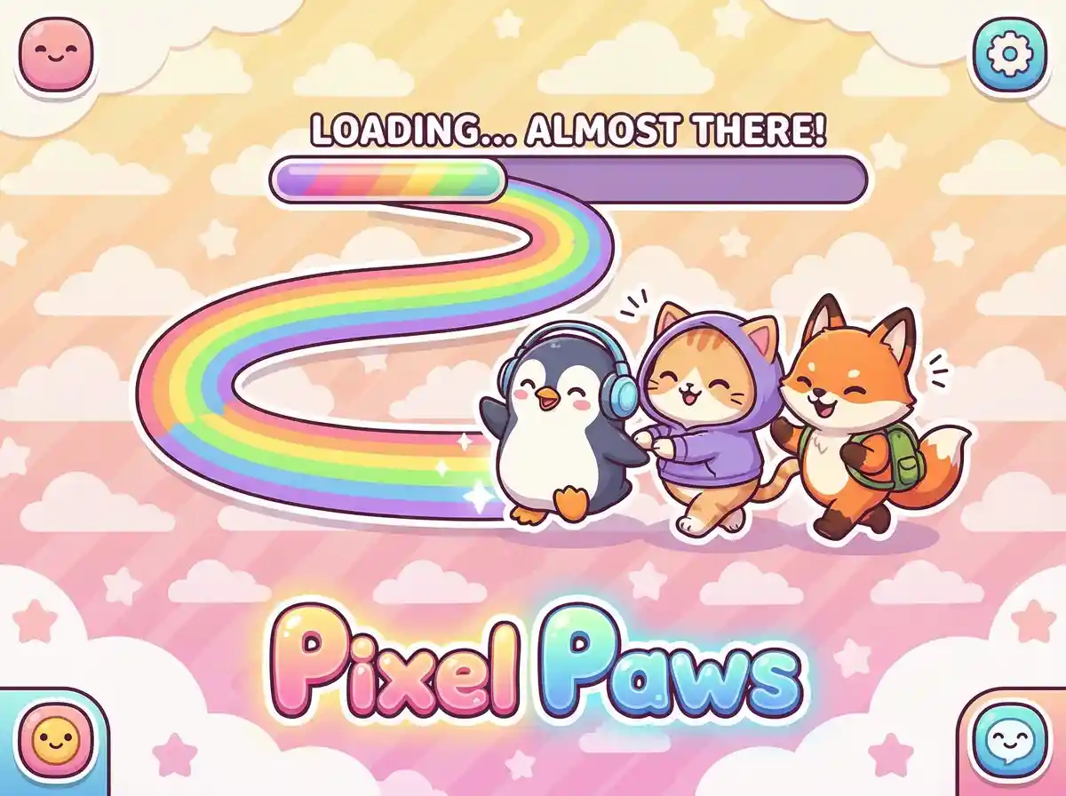 A cartoon-style game loading screen with cute characters interacting with a playful progress bar, bright colors, kawaii UI design.