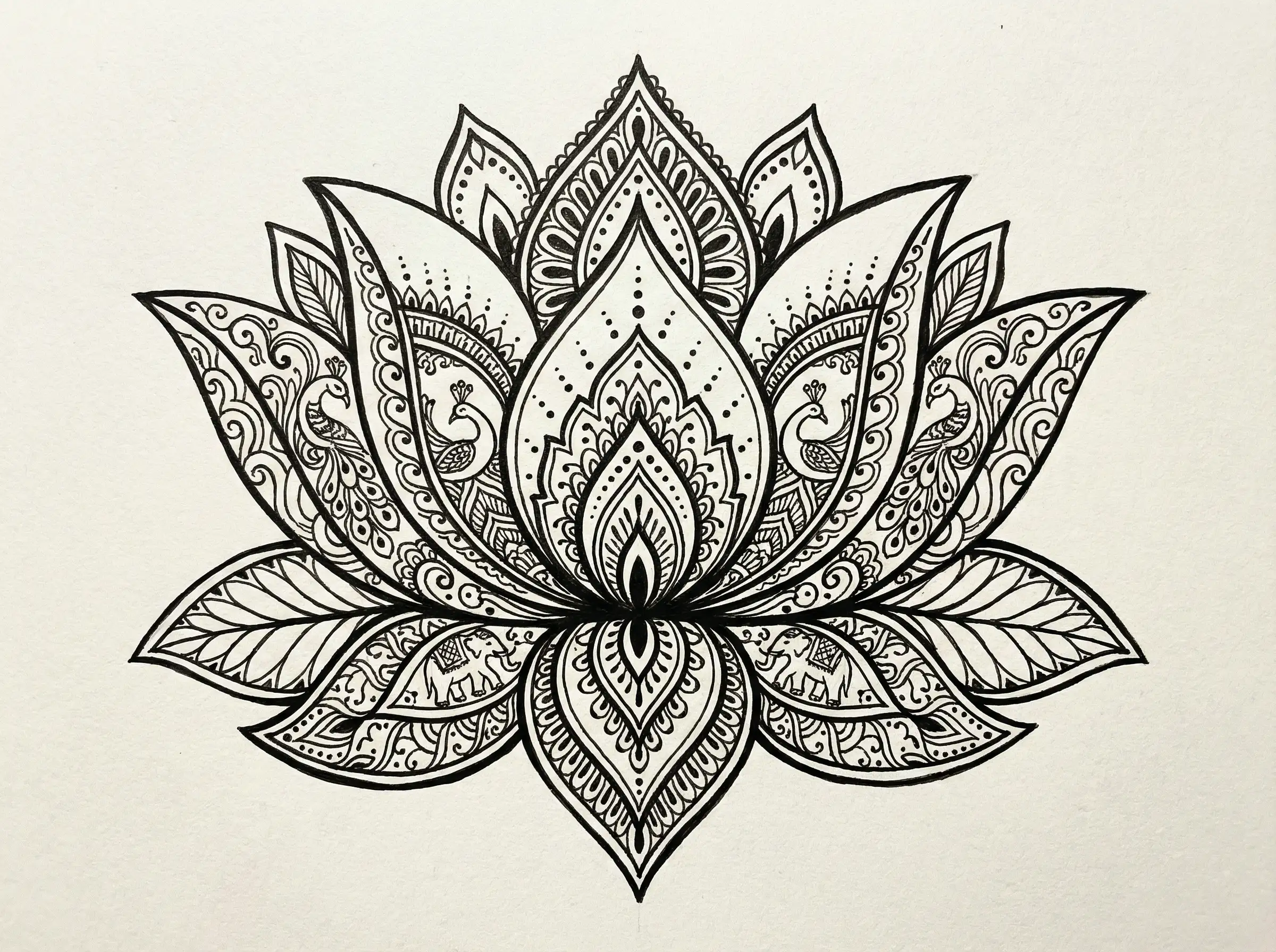 تصميم لوتس متناظر مع تفاصيل زخرفية دقيقة مستوحاة من أنماط الماندالا، خطوط حبر أسود نظيفة، وأشكال معقدة تبدو مصنوعة يدويًا.