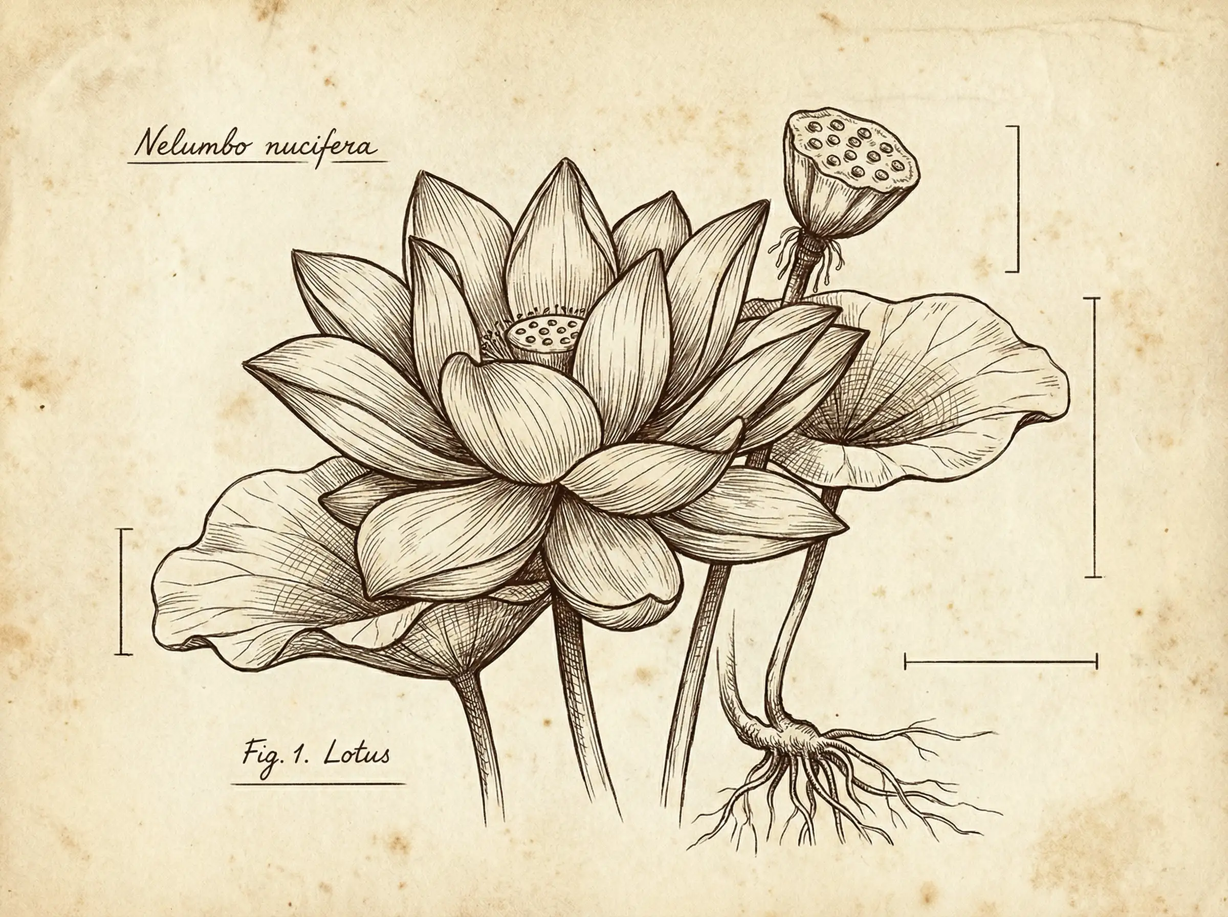 رسم توضيحي نباتي للوتس بهيكل بتلات واقعي، خطوط حبر متقاطعة خفيفة، تباعد نظيف، وشعور علمي بالرسم اليدوي الأصيل.