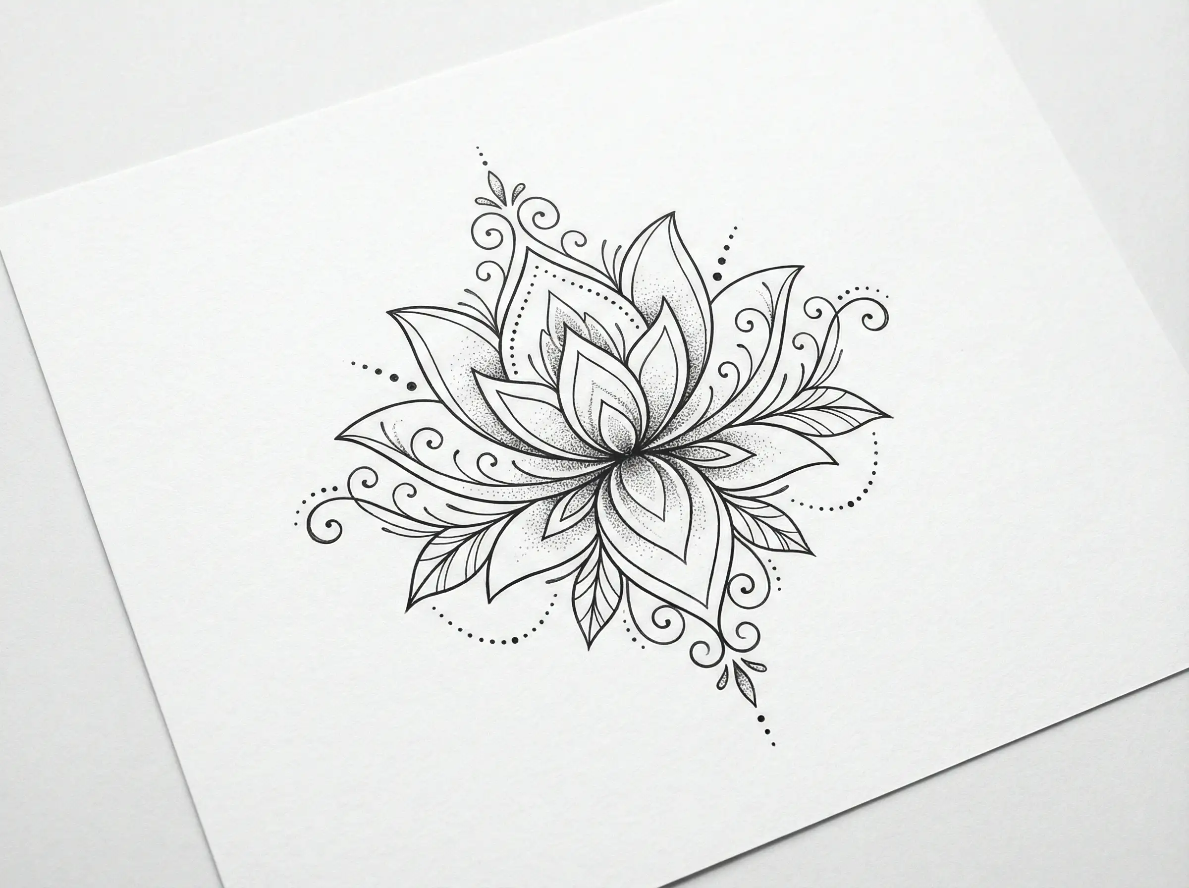 تصميم وشم زهرة لوتس رقيق بخطوط حبر أسود دقيقة، أنماط زخرفية ناعمة، تظليل قليل، تناظر متوازن، وخلفية بيضاء نظيفة
