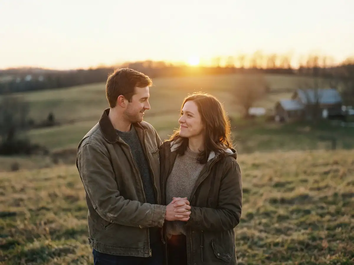 一对情侣在日落时分手牵手的浪漫照片风格图像,温暖的金色光芒,柔和的背景虚化,情感而亲密的气氛,真实摄影