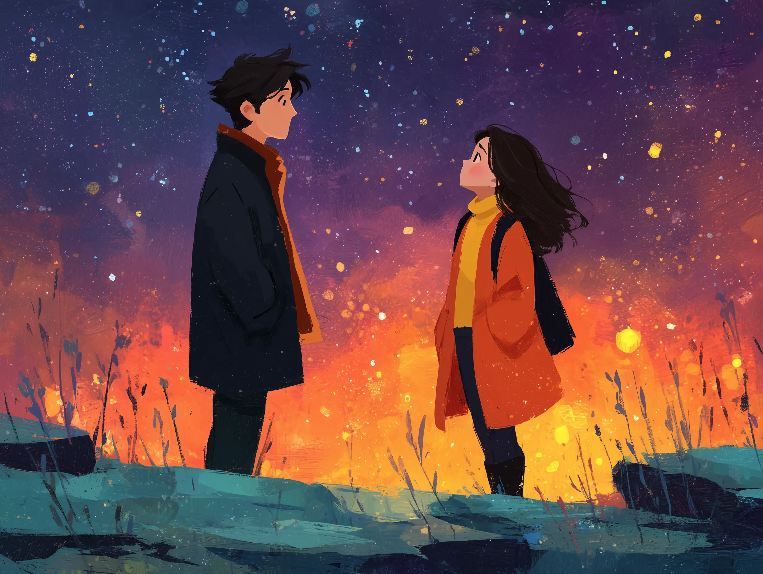一对情侣在星空下的插图爱情场景,柔和的粉彩色调,梦幻氛围,温柔的浪漫插图风格