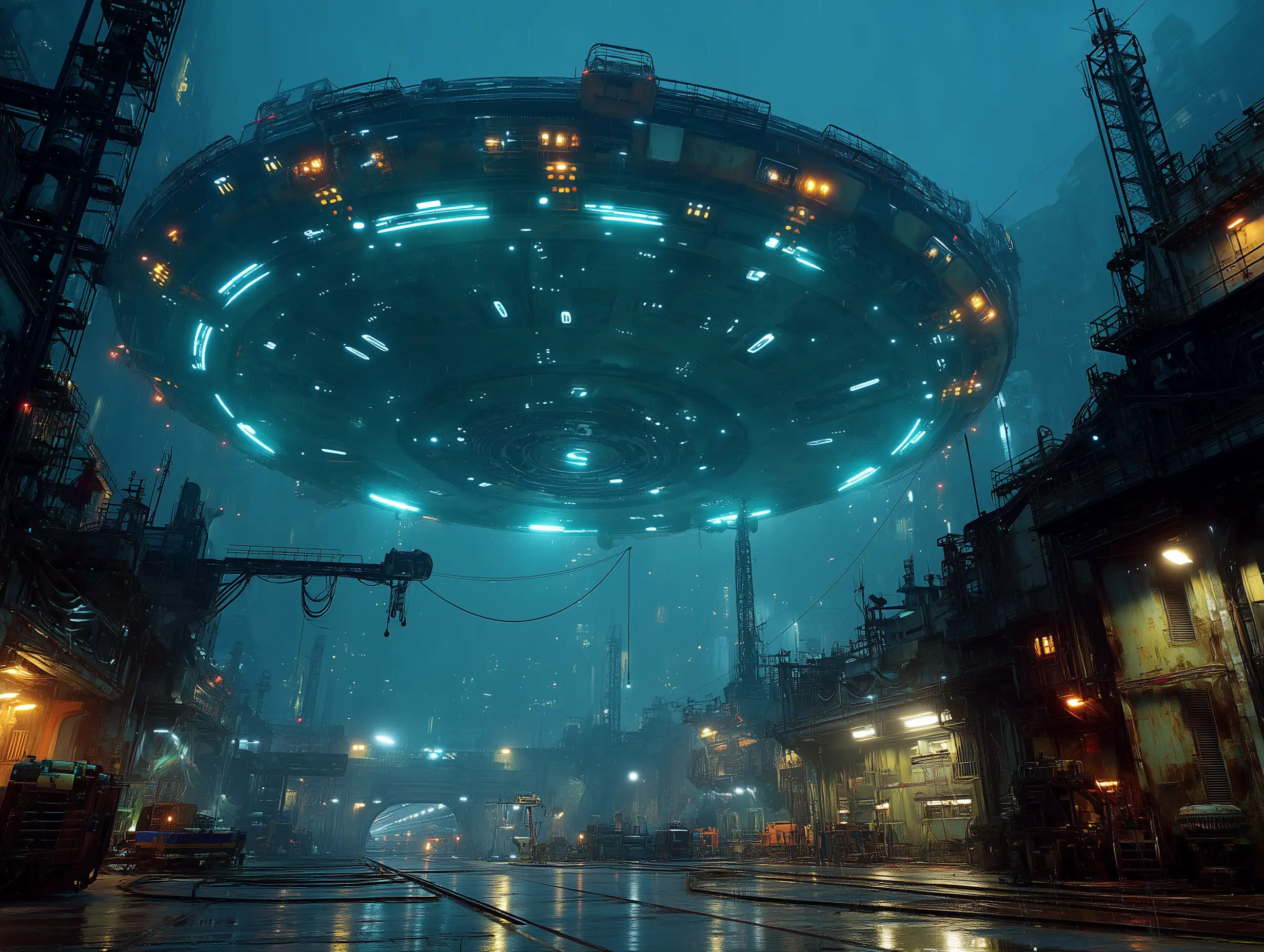 A massive sci-fi reactor chamber with a floating mechanical core, rotating rings, neon blue power conduits, industrial metal structures, atmospheric haze, cinematic sci-fi atmosphere